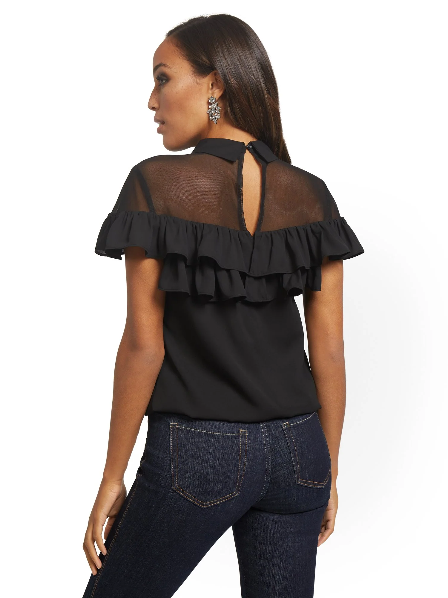 Jewel-Collared Short-Sleeve Mesh Ruffle Top - Image 3