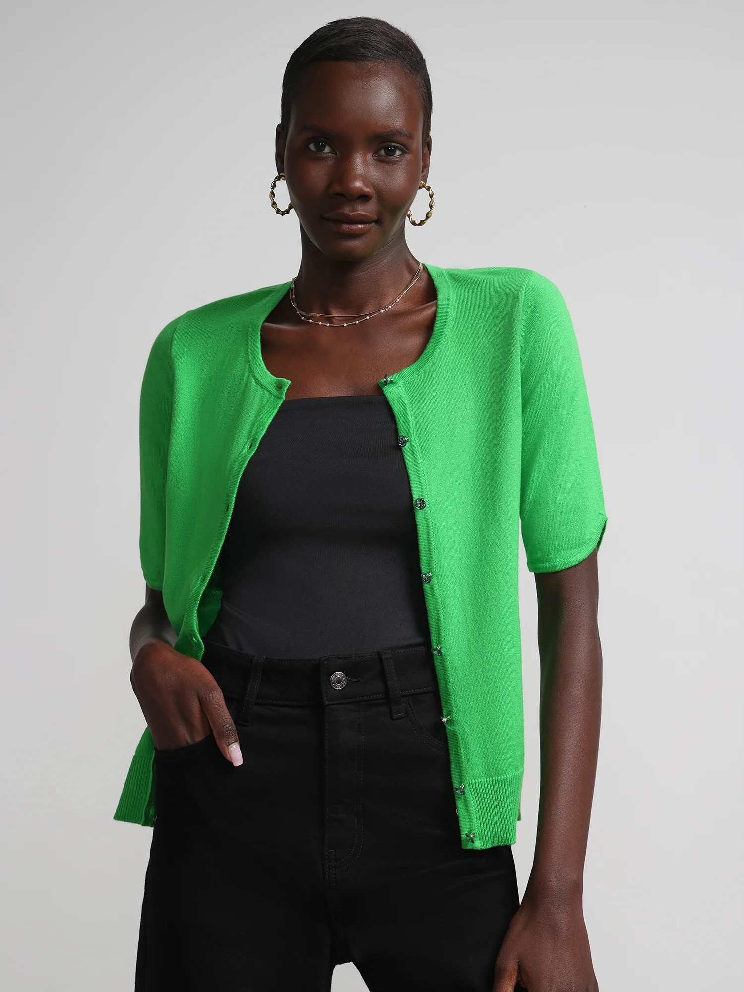 Jeweled-Button Chelsea Crewneck Cardigan - Image 17
