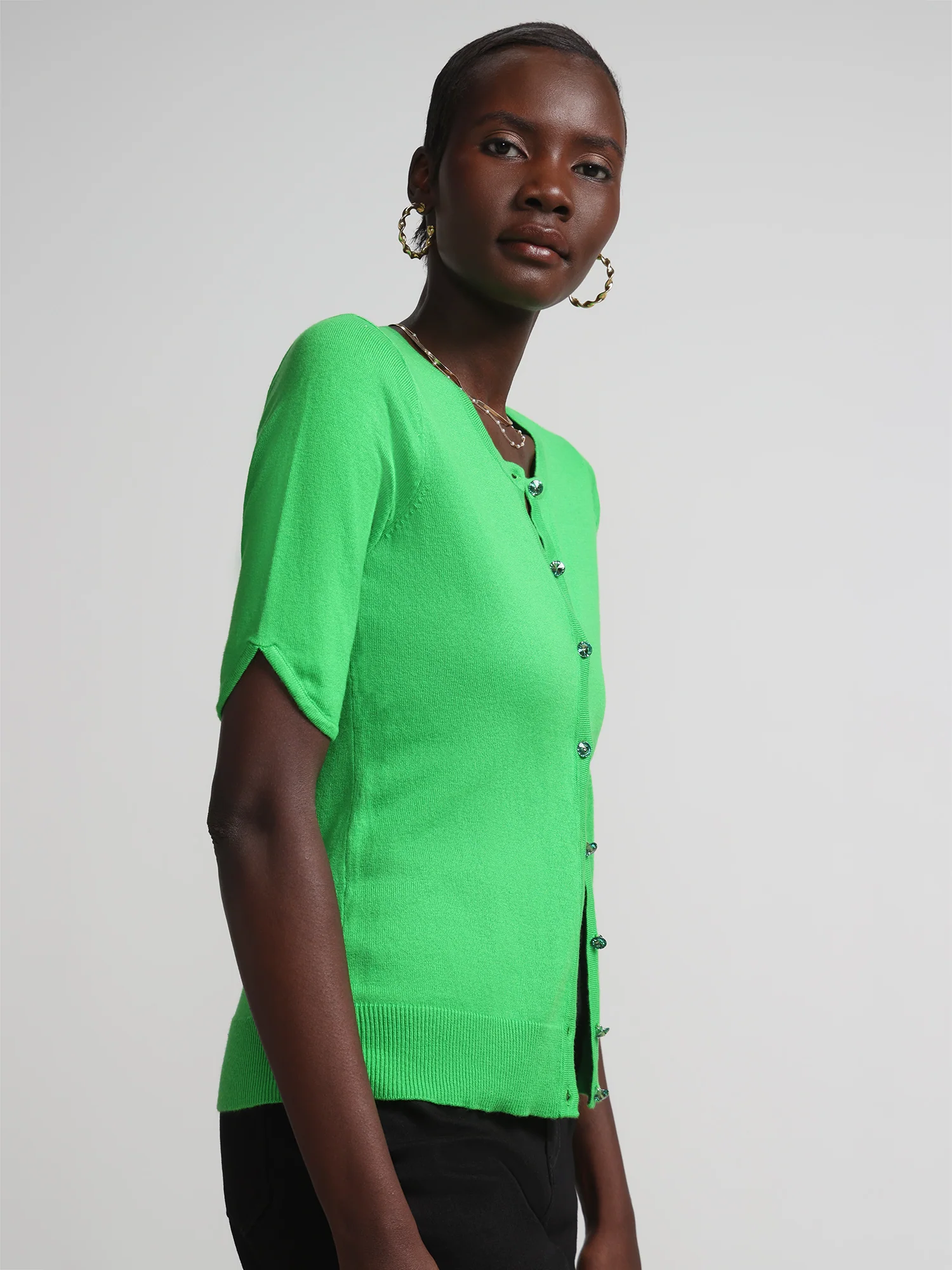 Jeweled-Button Chelsea Crewneck Cardigan - Image 18