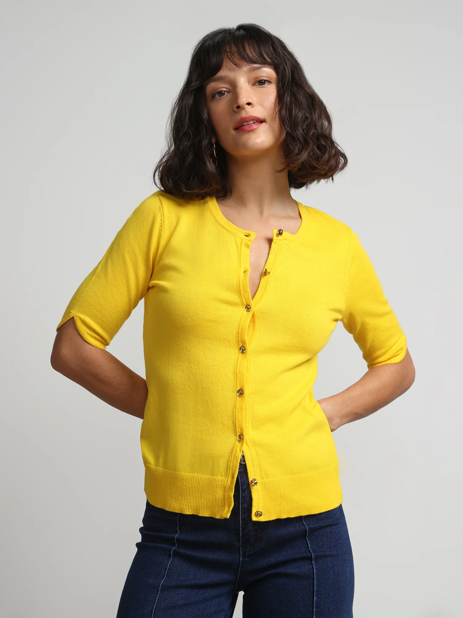 Jeweled-Button Chelsea Crewneck Cardigan - Image 27