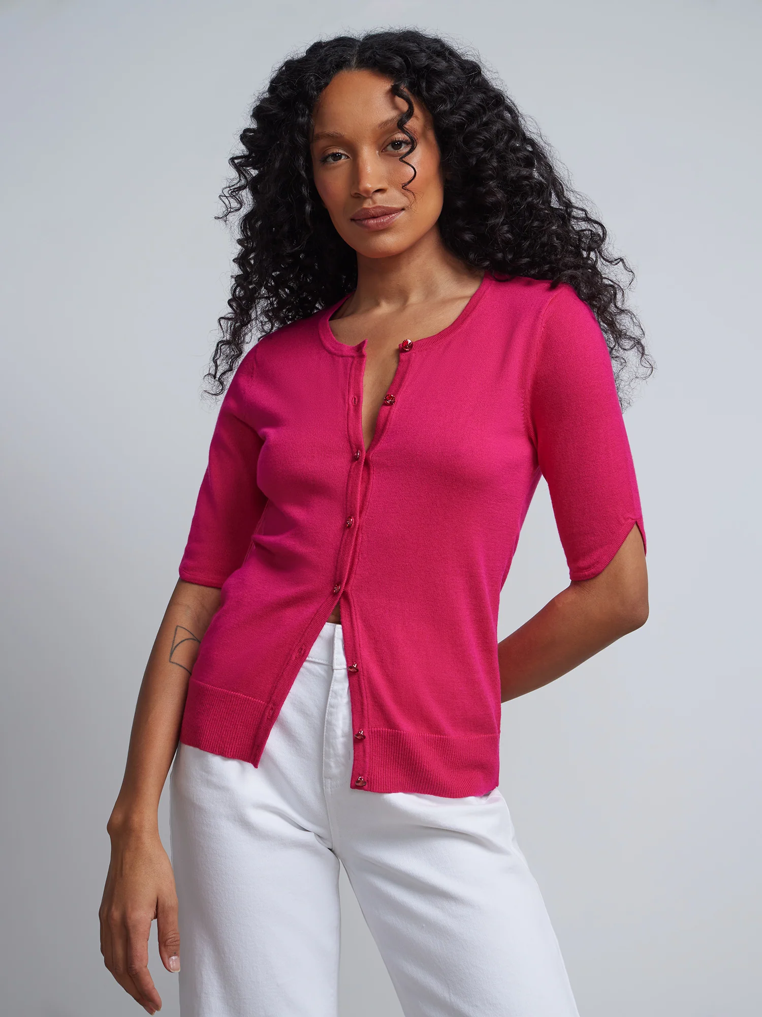 Jeweled-Button Chelsea Crewneck Cardigan - Image 51