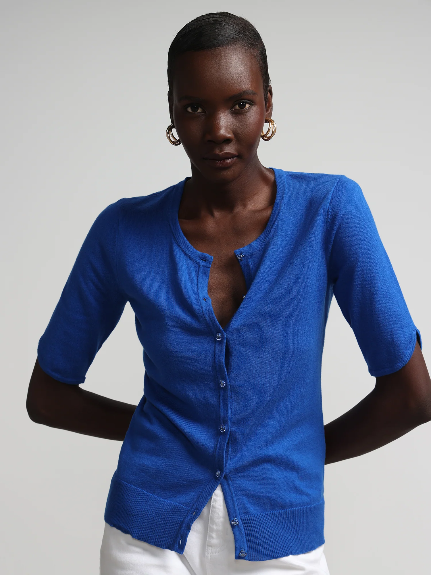 Jeweled-Button Chelsea Crewneck Cardigan - Image 56