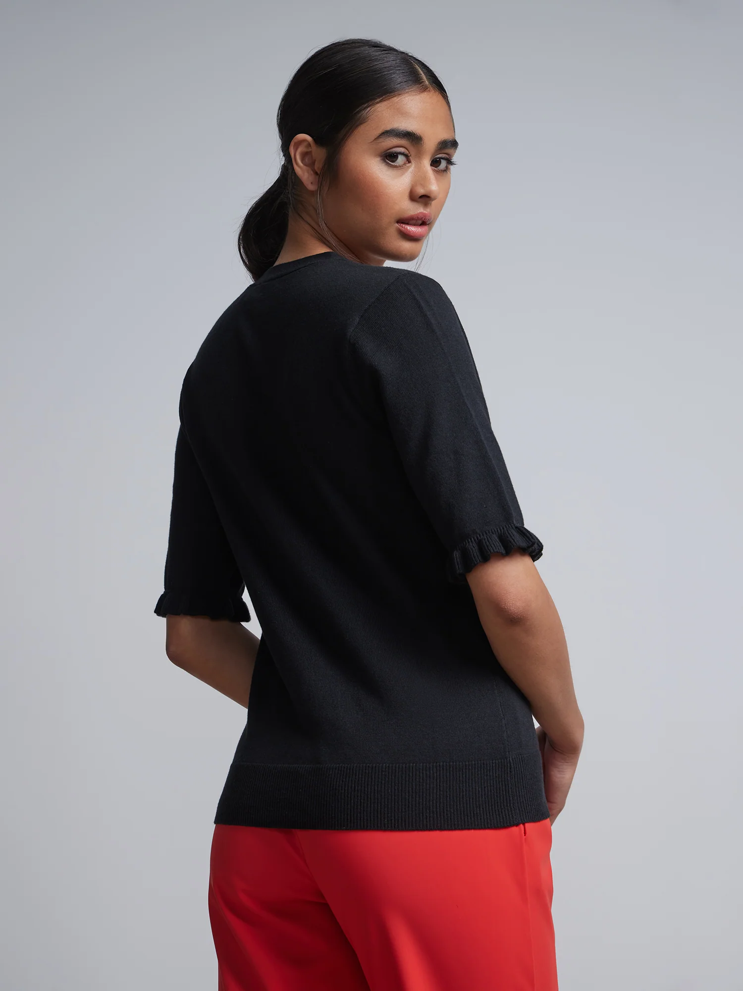 Jeweled-Button Ruffle-Sleeve Chelsea V-Neck Cardigan - Image 3