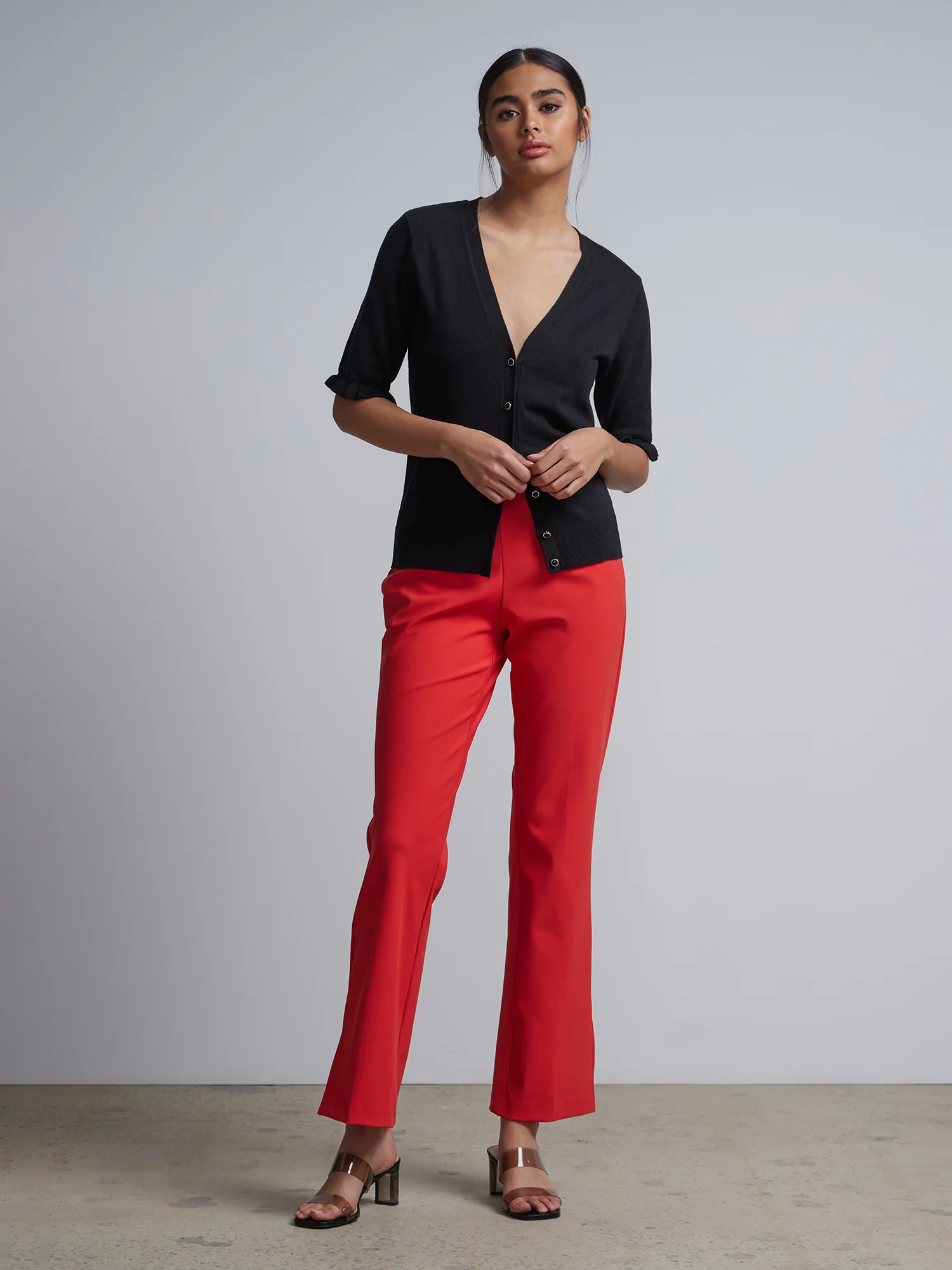 Jeweled-Button Ruffle-Sleeve Chelsea V-Neck Cardigan - Image 4
