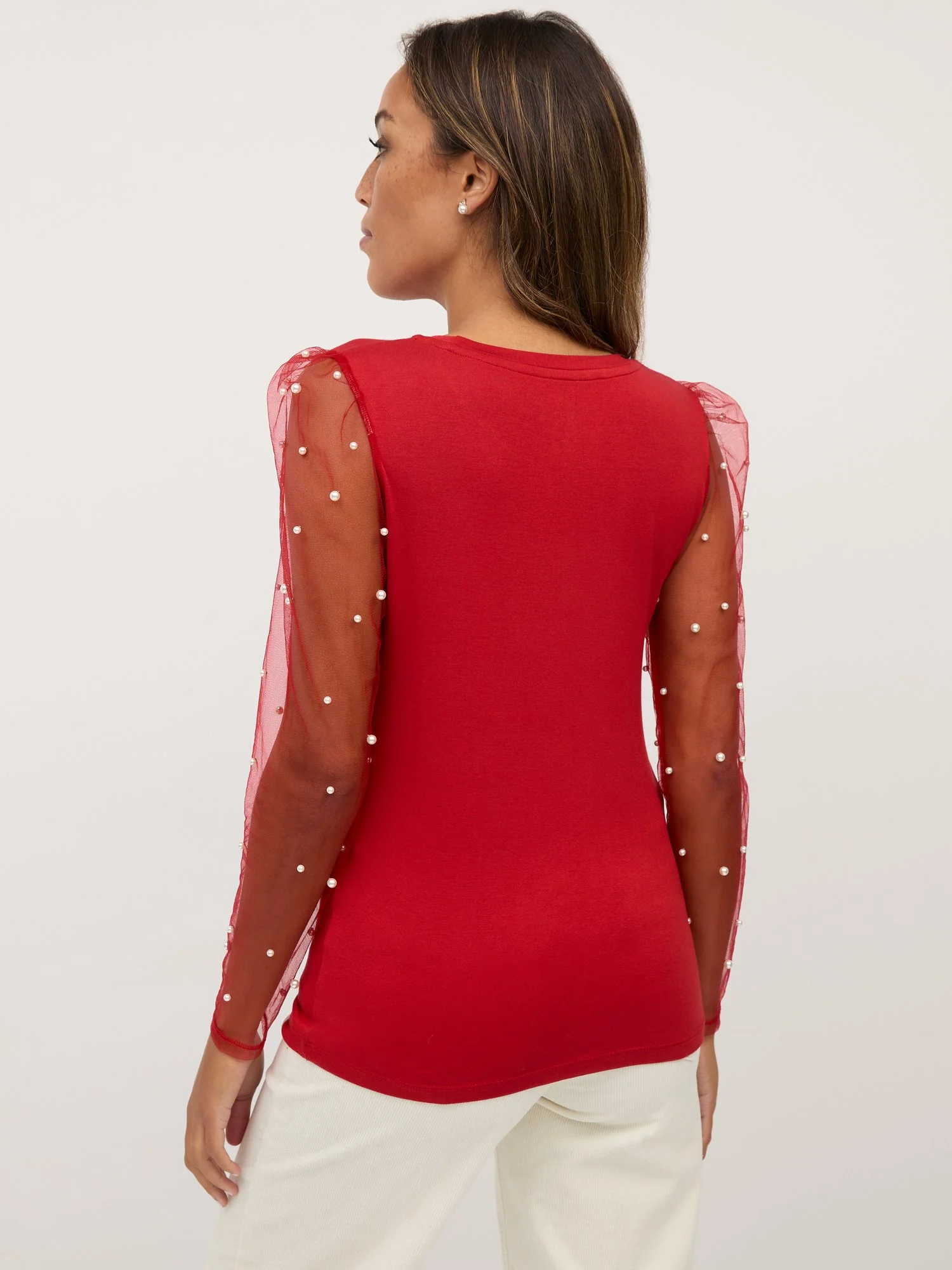 Joy Pearl-Embellished Mesh-Sleeve Top - Image 3