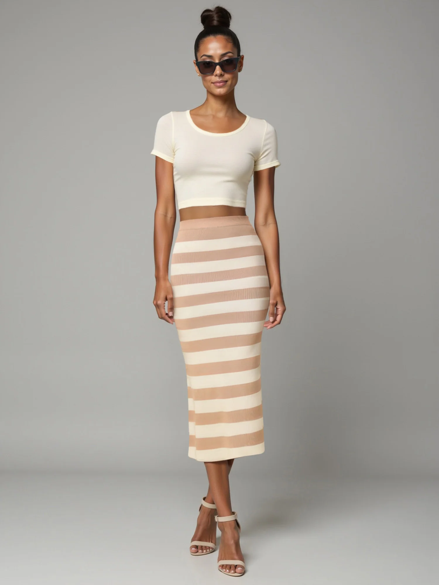 Knit Striped Midi Pencil Skirt - Image 10