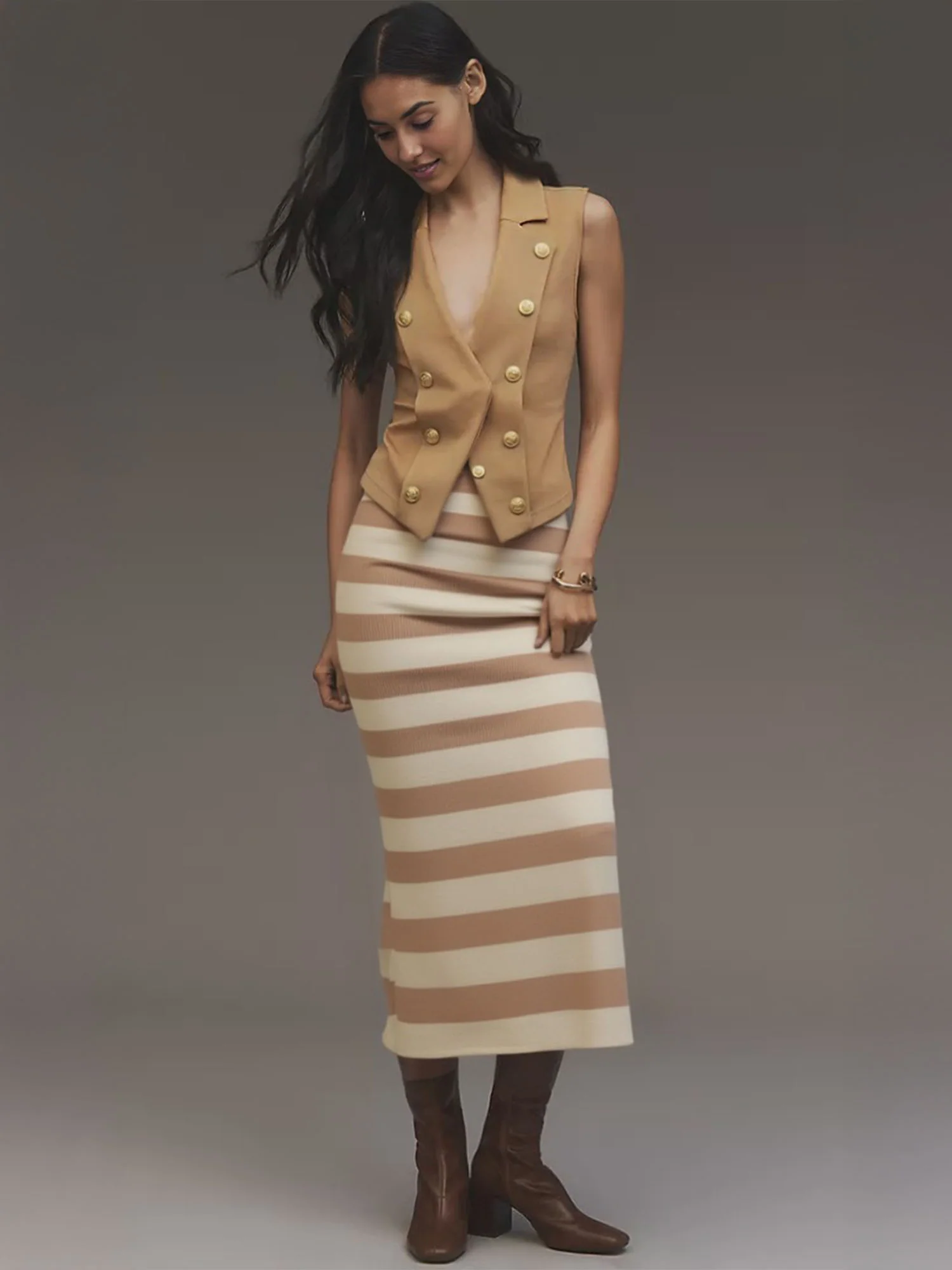 Knit Striped Midi Pencil Skirt - Image 9