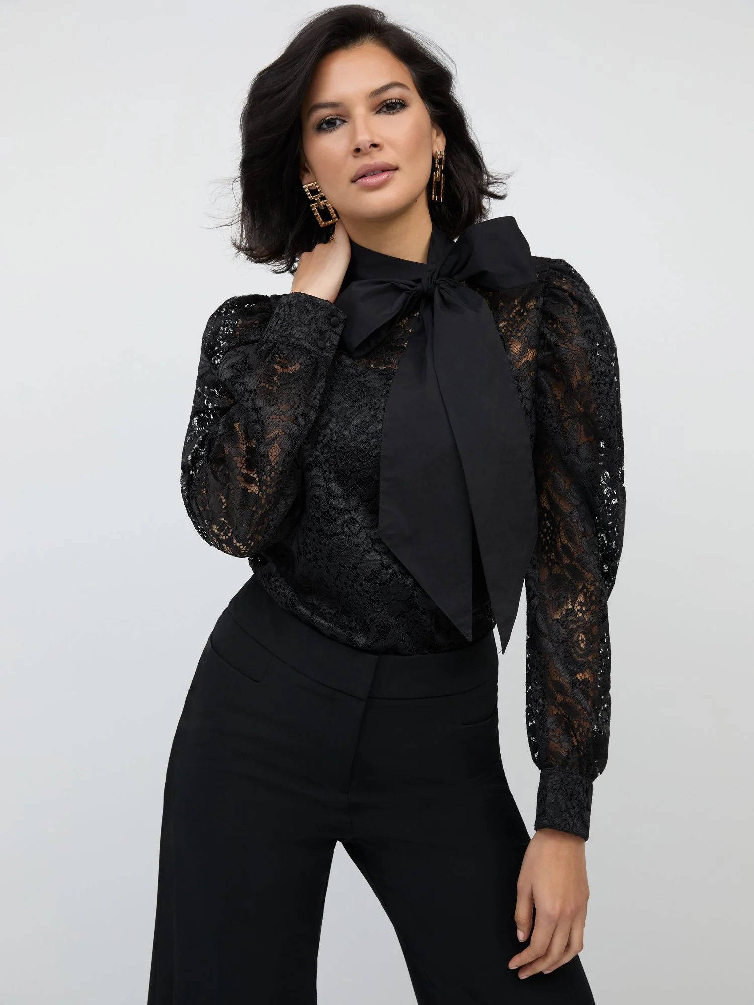 Lace Bow-Neck Puff-Sleeve Top - Image 2