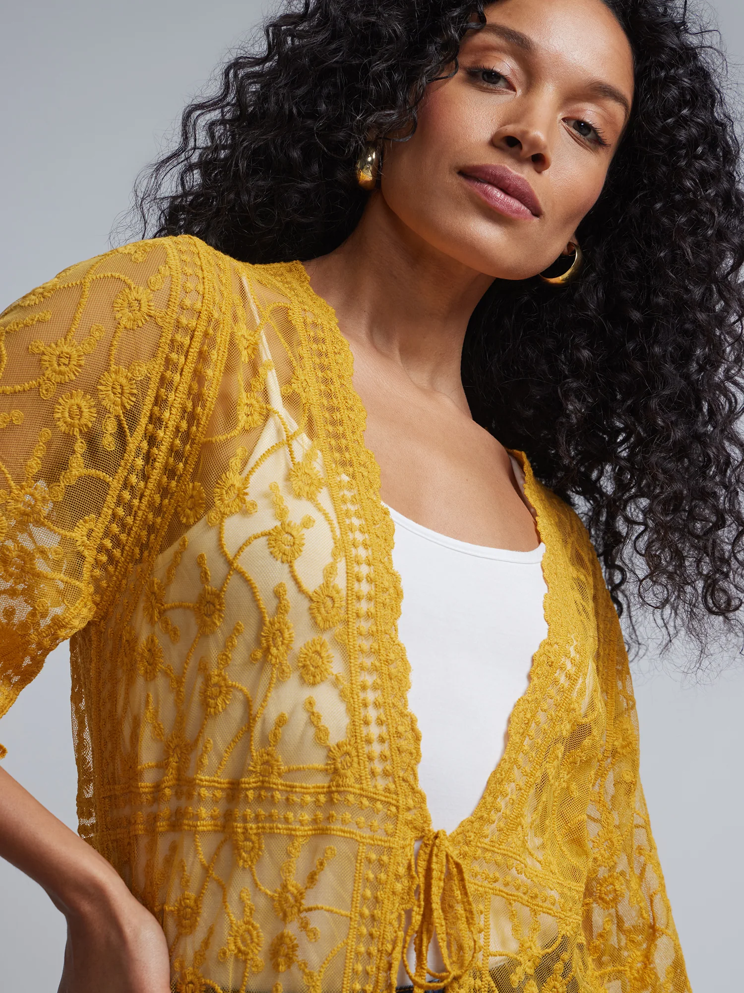 Lace-Embroidered Tie-Front Kimono - Image 9