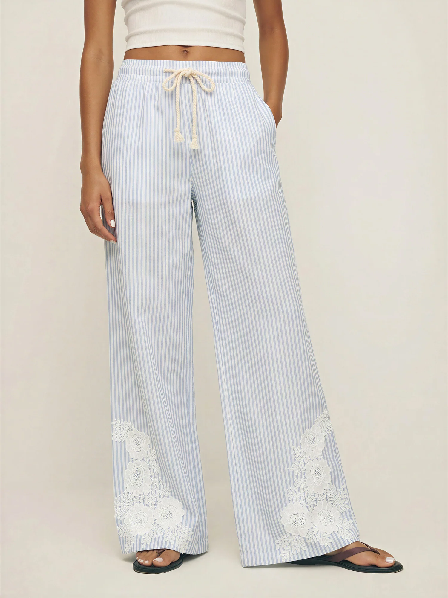 Lace Hem Stripe Elastic Drawstring Pant - Image 2