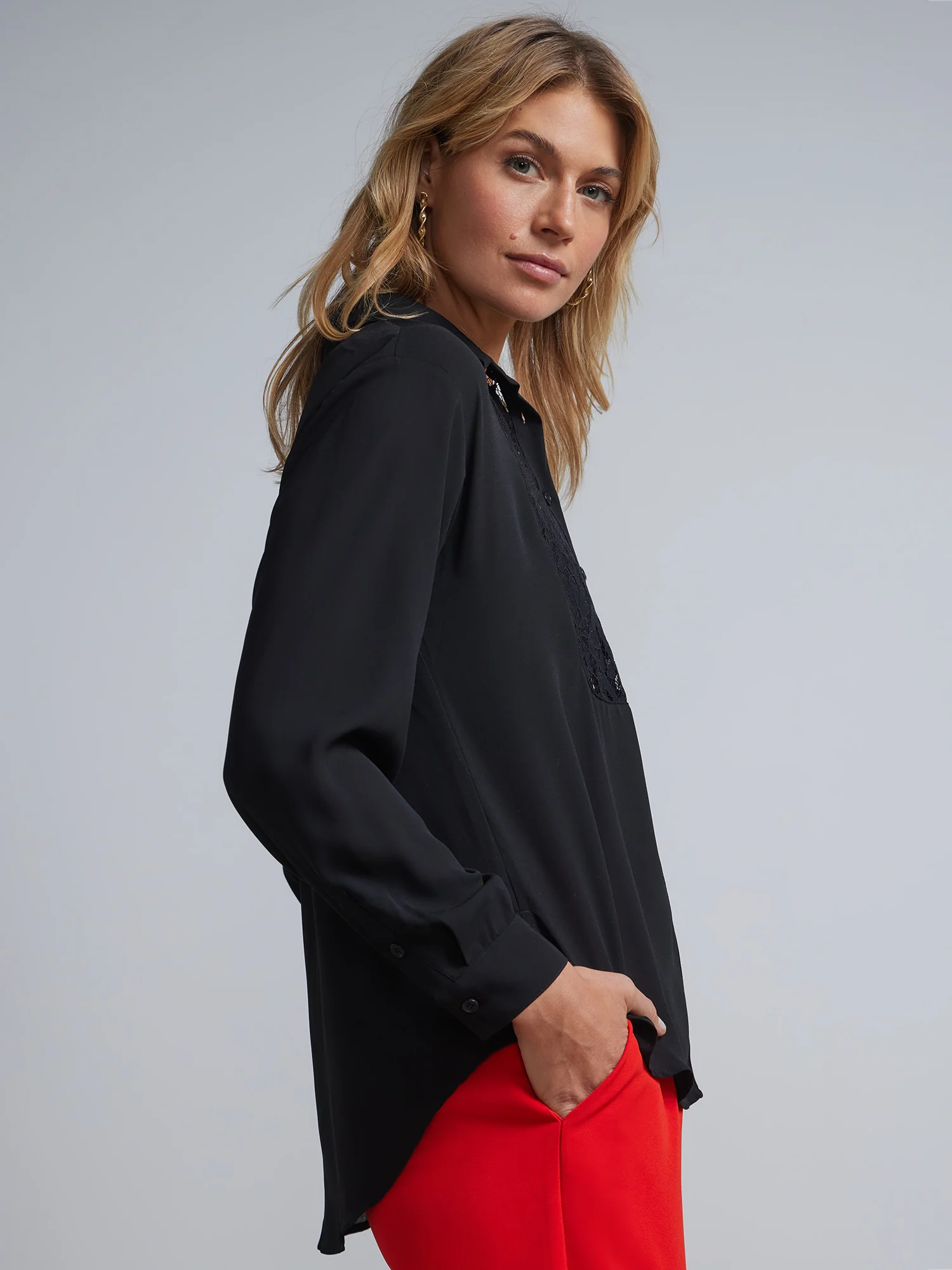Lace-Inset Button-Front Blouse - Image 2