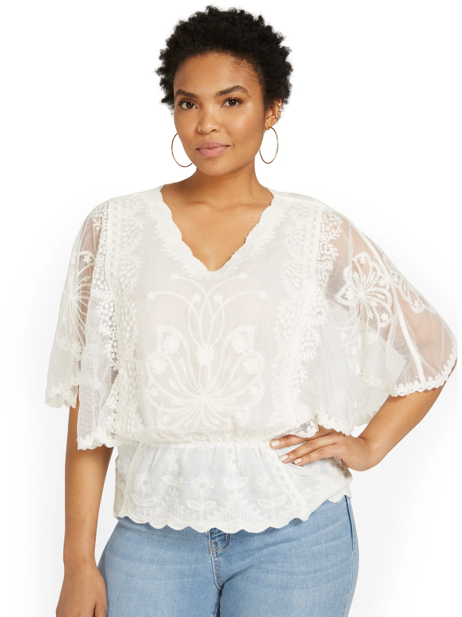 Lace Scalloped-Hem Peplum Top