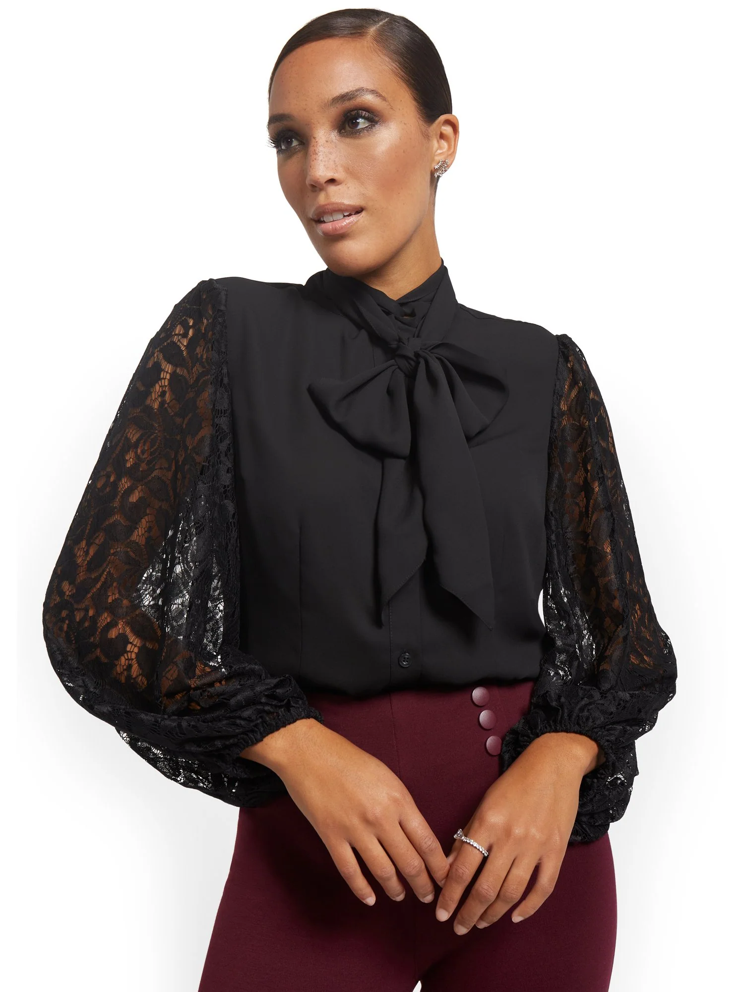 Lace Statement Sleeve Tie-Front Blouse - Image 2
