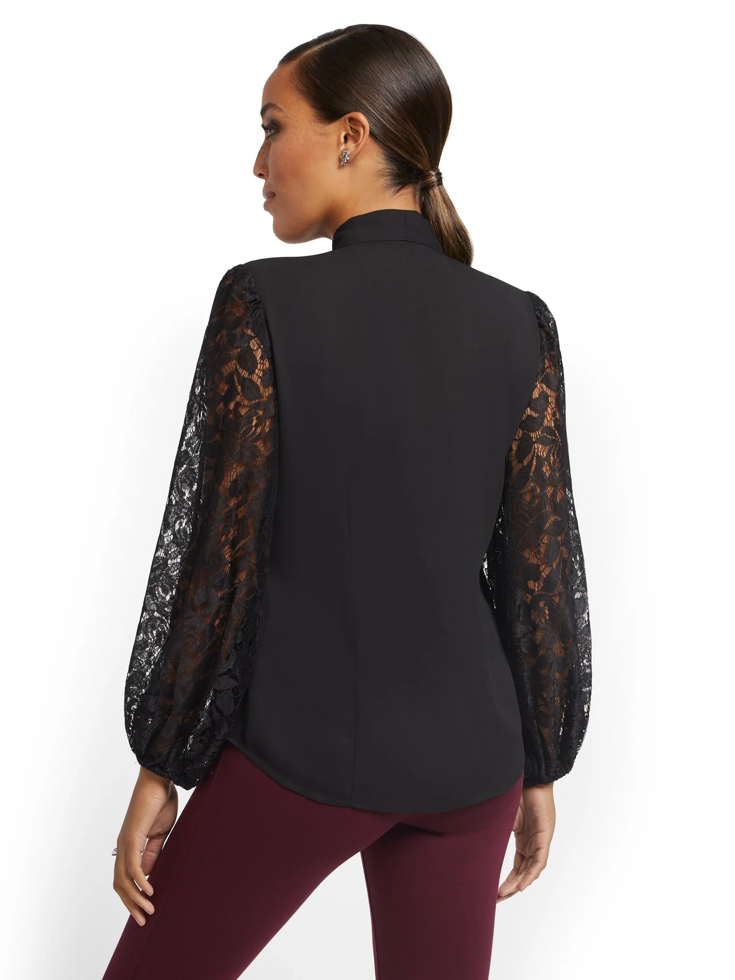 Lace Statement Sleeve Tie-Front Blouse - Image 3