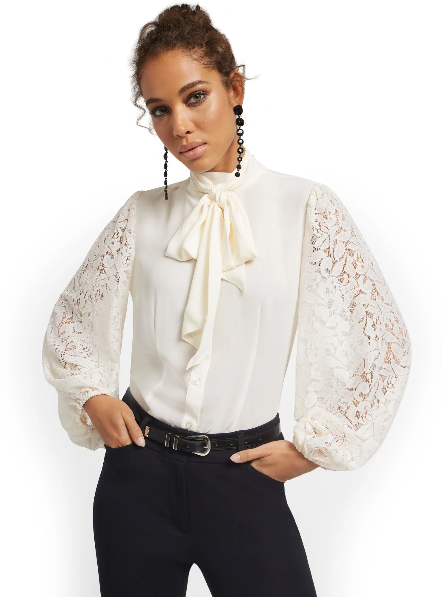 Lace Statement Sleeve Tie-Front Blouse - Image 5