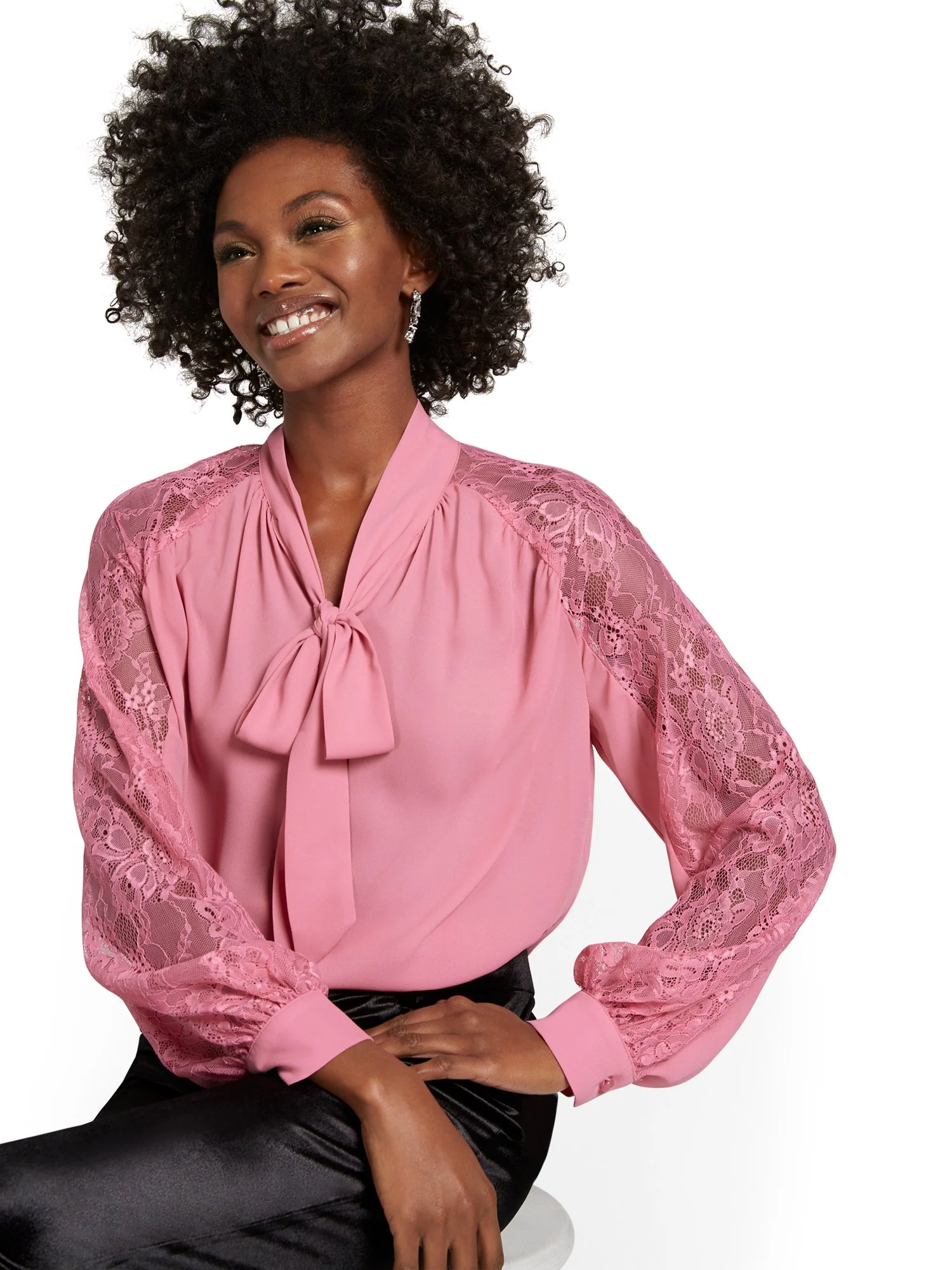 Lace-Trim Bow-Front Blouse - Image 2