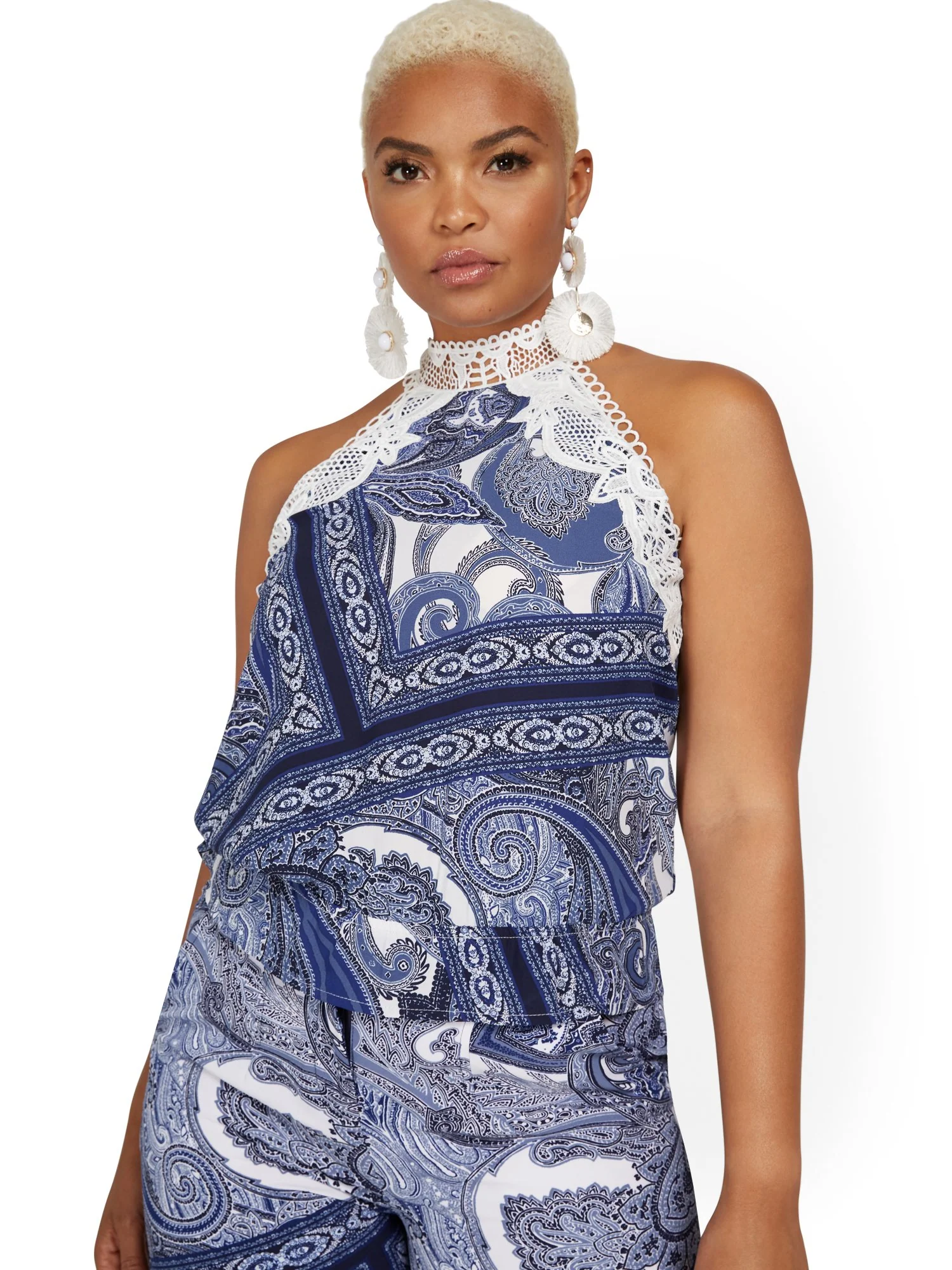 Lace-Trim Peplum Halter Top - Image 2