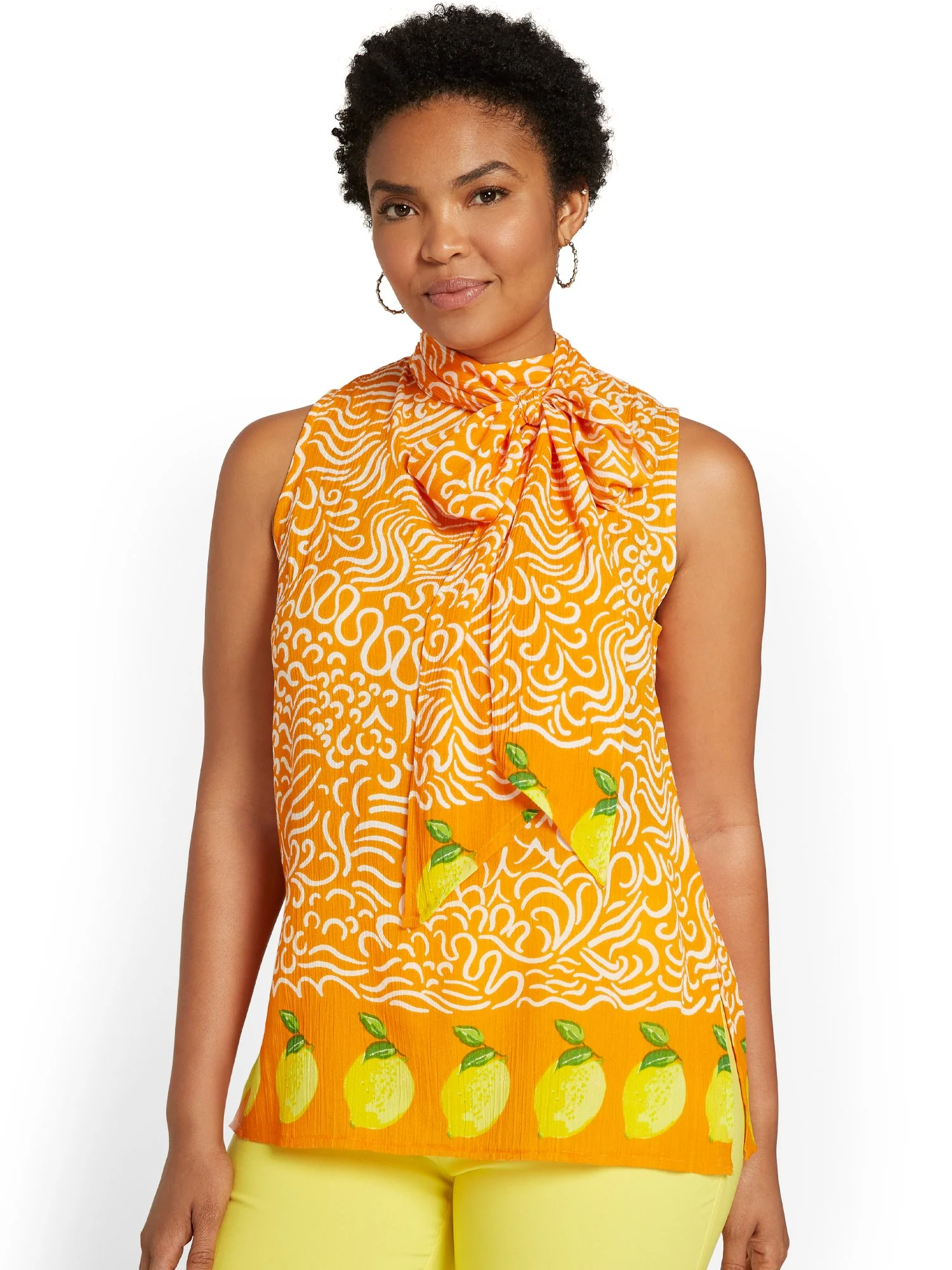 Lemon-Border Bow-Neck Blouse