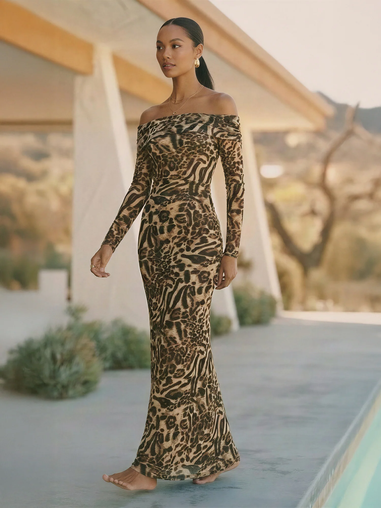 Leopard Off The Shoulder Maxi Dress