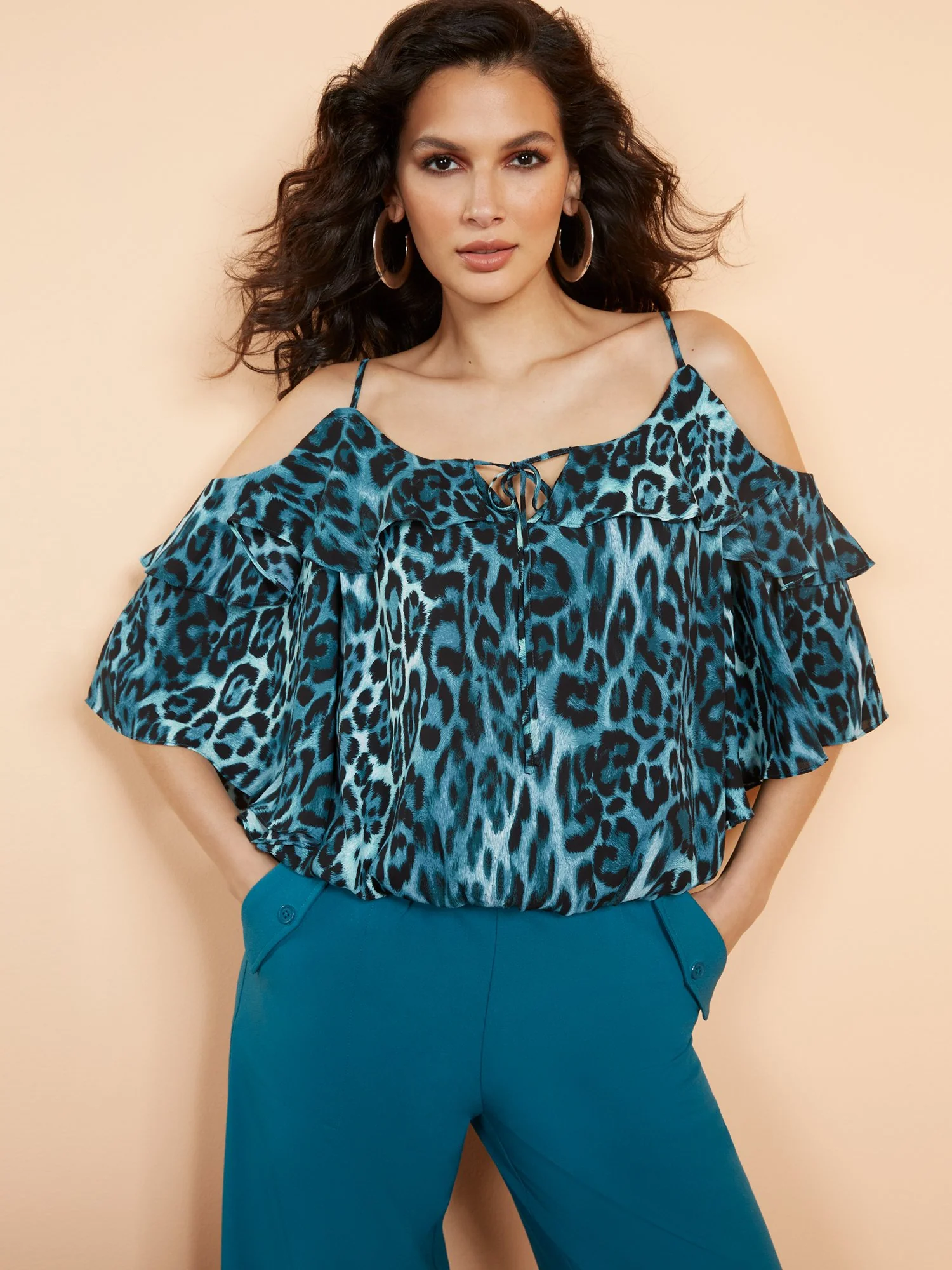 Leopard-Print Cold-Shoulder Ruffle Top - Image 2
