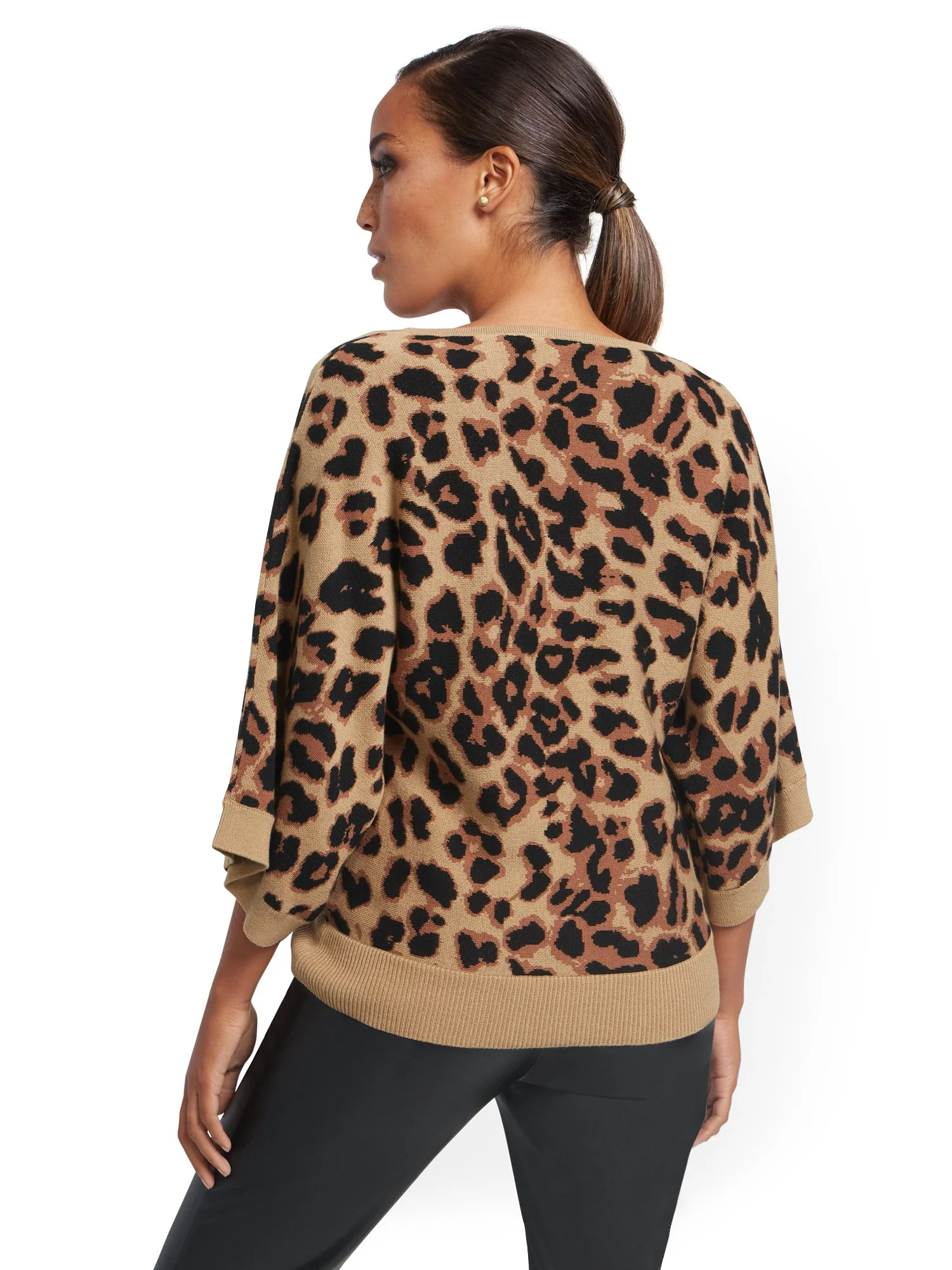 Leopard-Print Kimono Sleeve V-Neck Sweater - Image 3