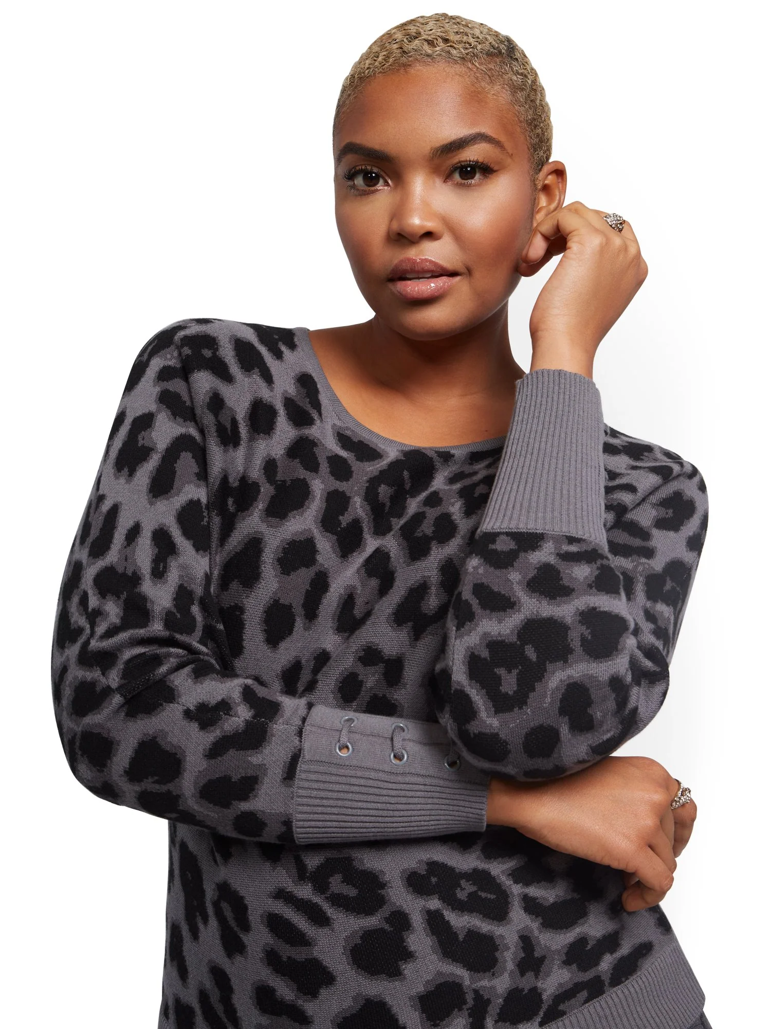Leopard-Print Lace-Up Cuff Dolman Sweater - Image 5