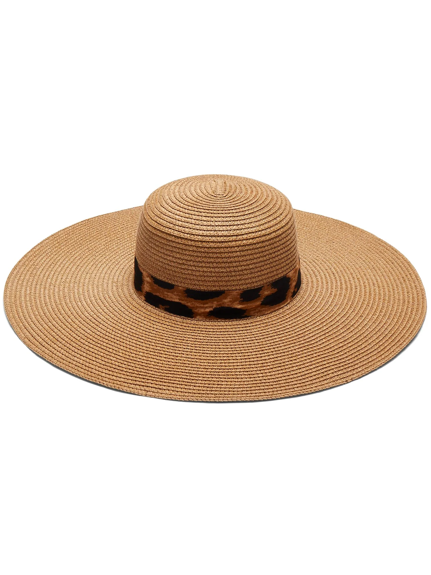 Leopard-Print Ribbon Raffia Floppy Hat