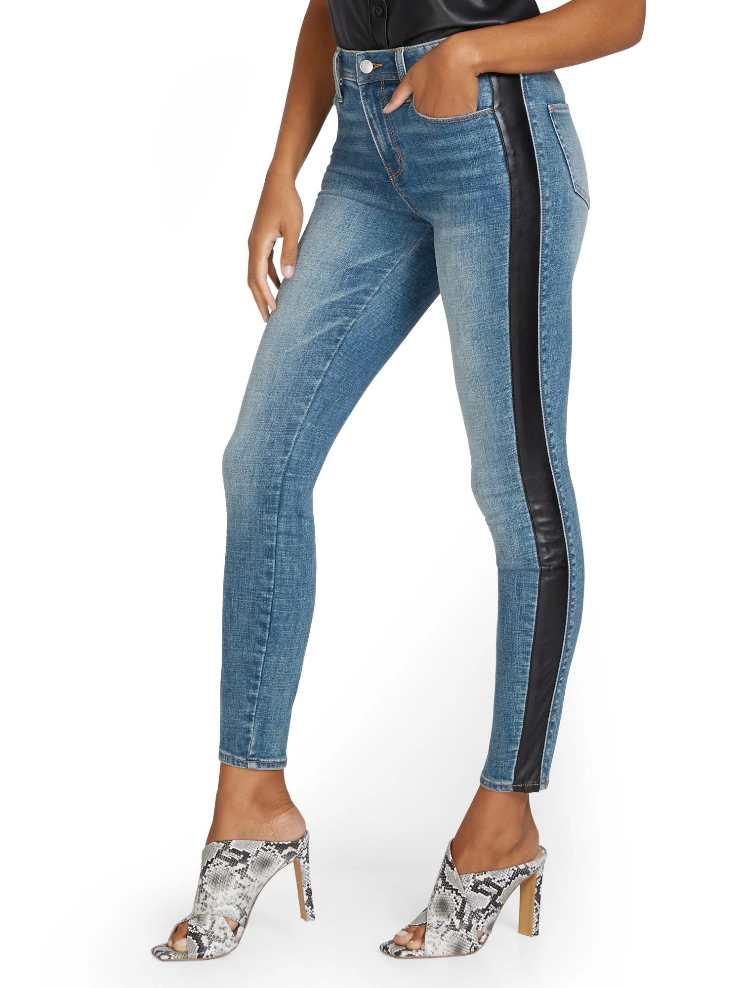 Lexi High-Waisted Super-Skinny Faux-Leather Panel Jeans - Bloomie Wash - Image 2