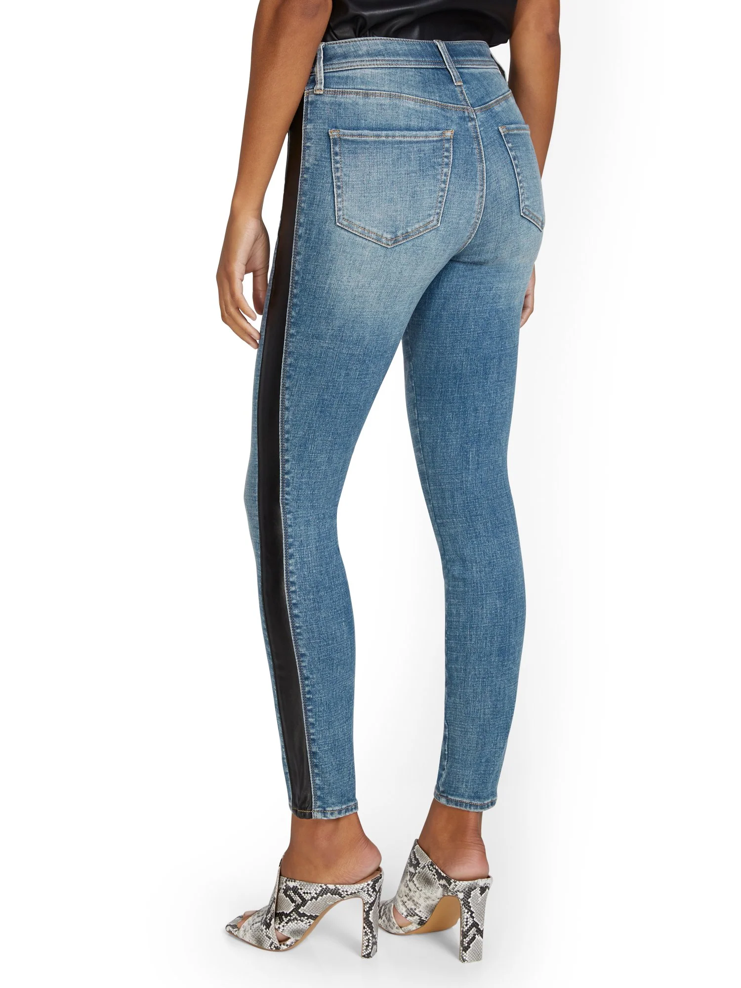 Lexi High-Waisted Super-Skinny Faux-Leather Panel Jeans - Bloomie Wash - Image 3