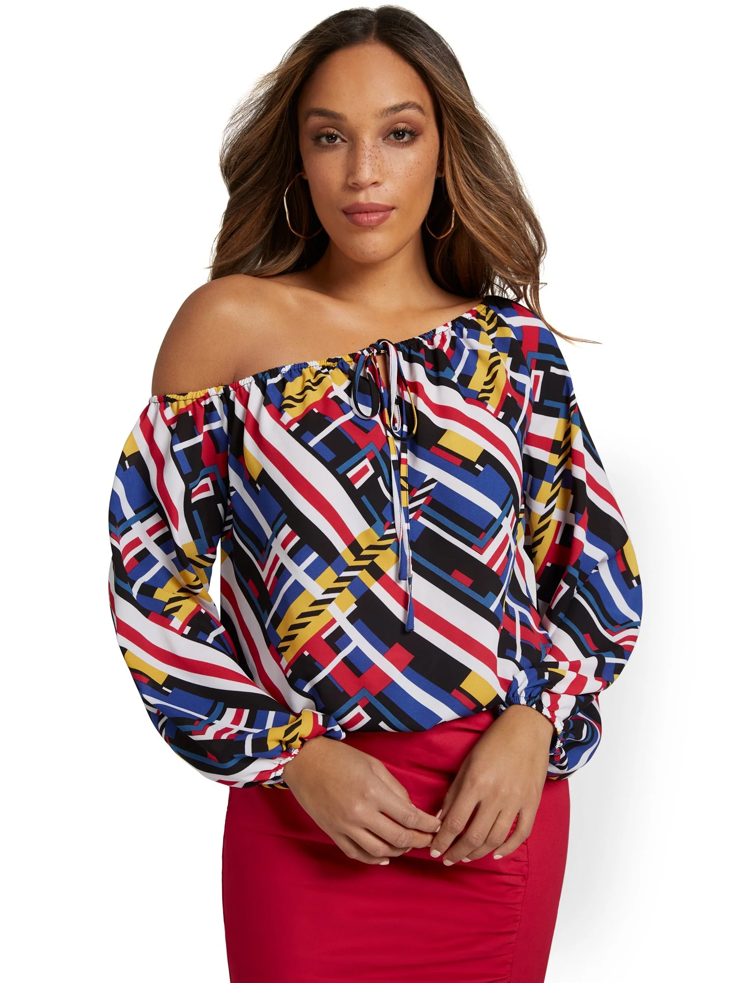 Linear-Print Off-The-Shoulder Blouse