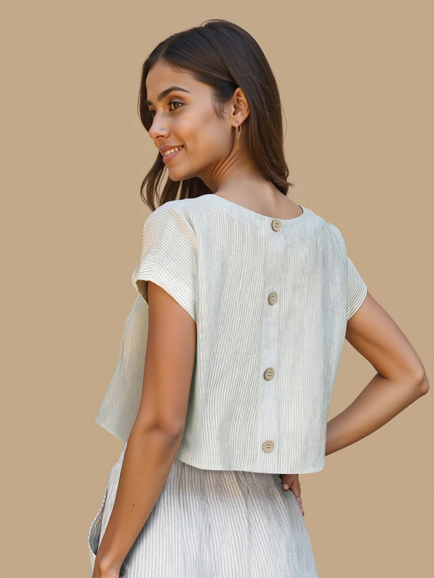 Linen Back Button Down Short Sleeve Top - Image 3