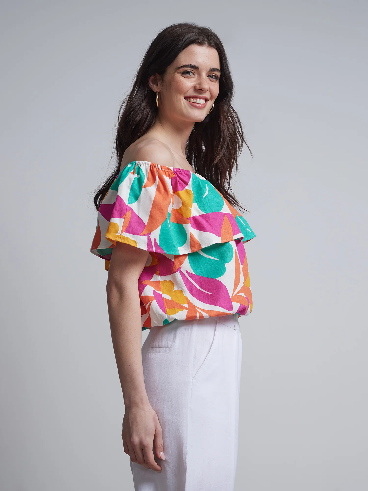 Linen-Blend Abstract-Print Off-The-Shoulder Top - Image 2
