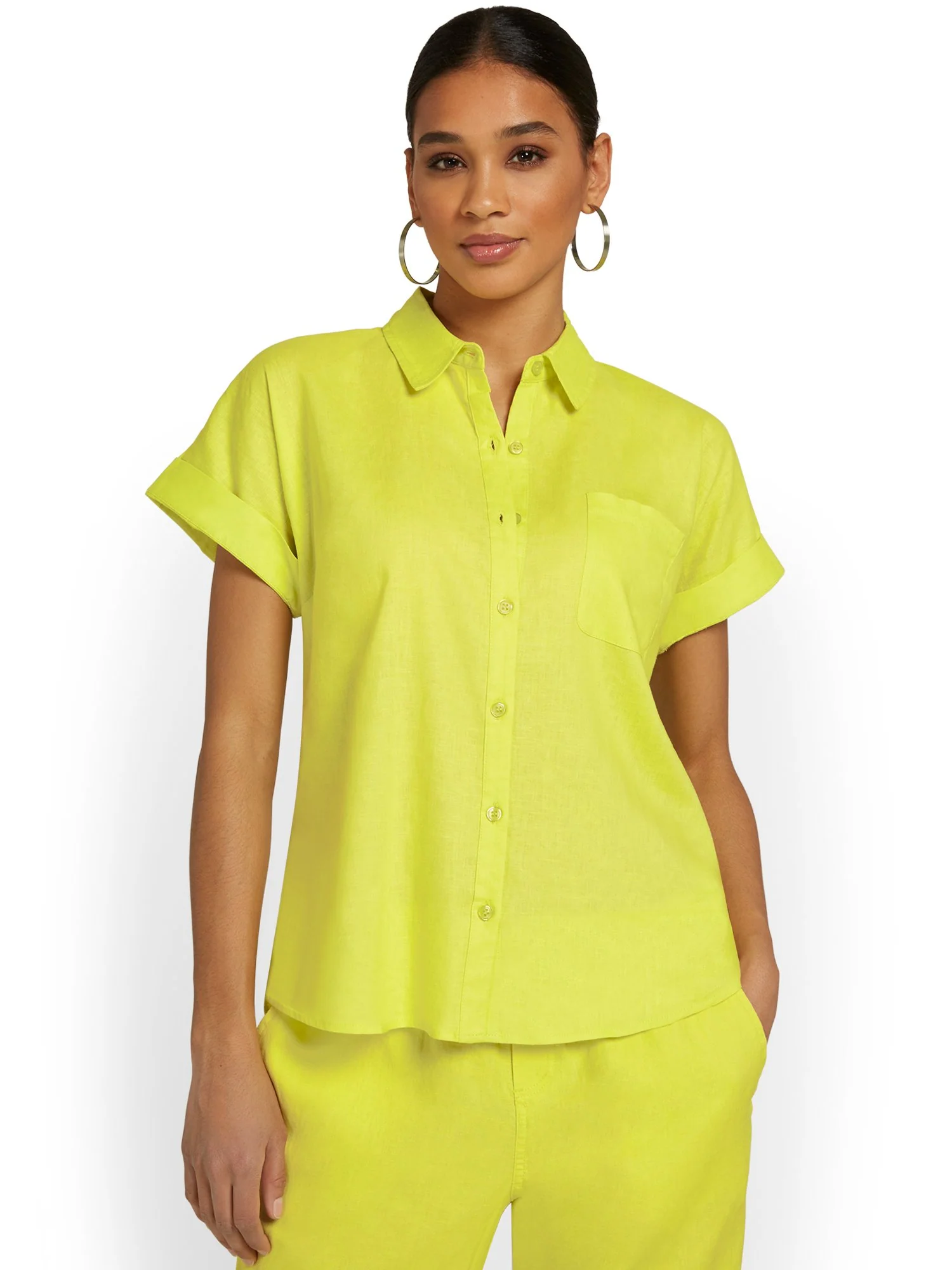 Linen-Blend Button-Front Short-Sleeve Top - Image 8