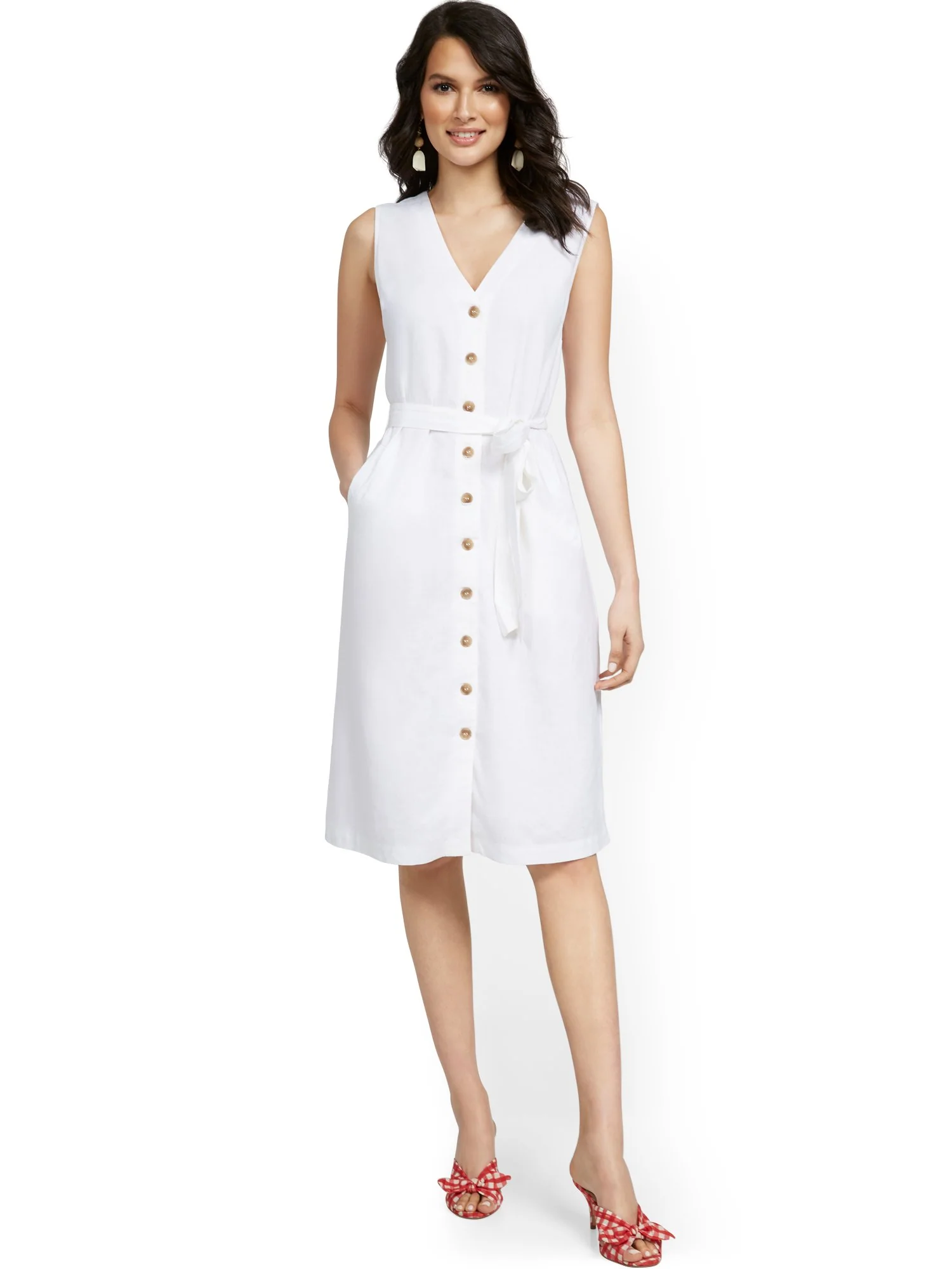 Linen-Blend Button-Front Sleeveless V-Neck Tank Dress - Image 2