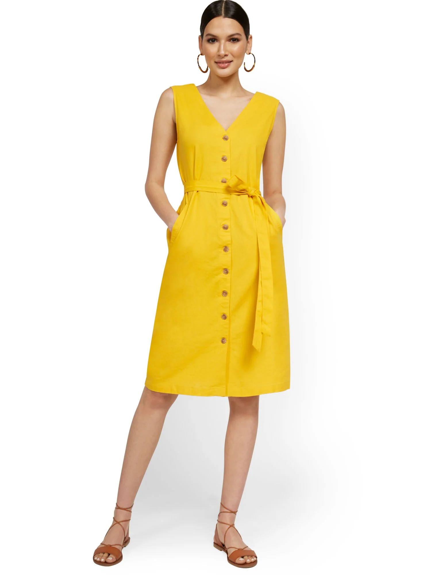 Linen-Blend Button-Front Sleeveless V-Neck Tank Dress - Image 5