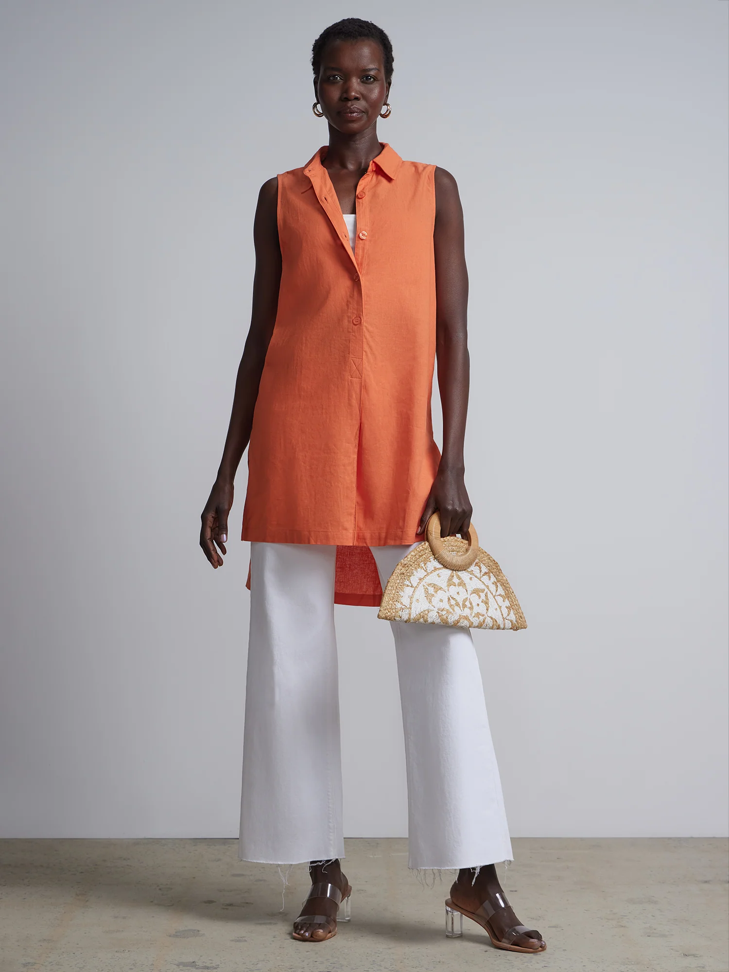 Linen-Blend Button-Front Slit-Side Tunic Top - Image 12