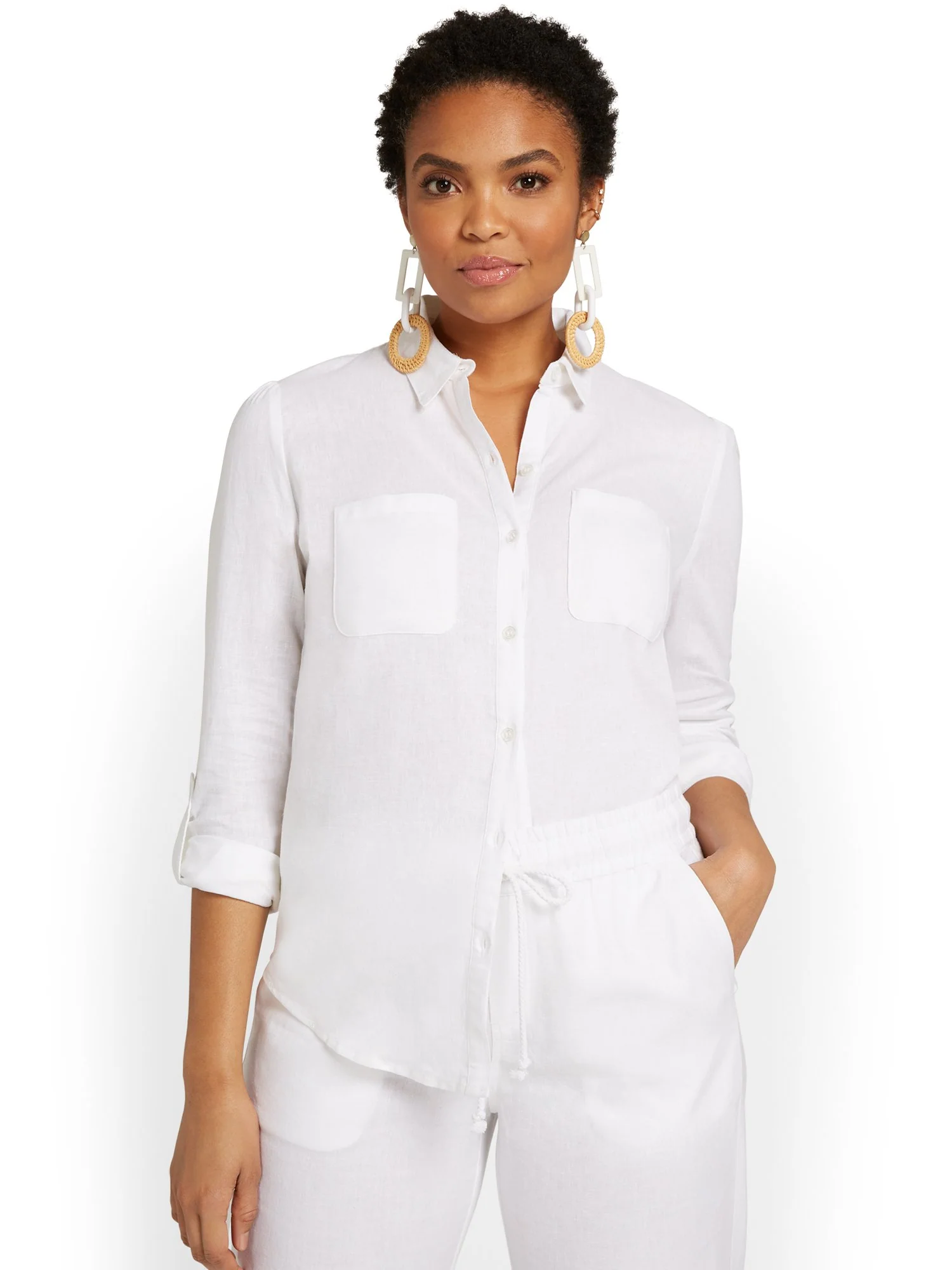 Linen-Blend Button-Front Top