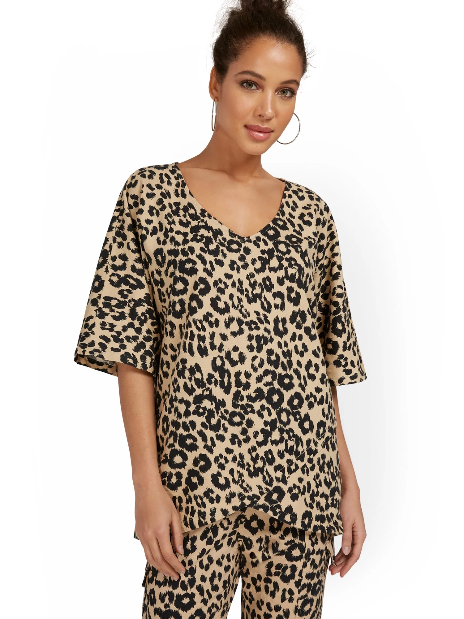 Linen-Blend Leopard-Print Overlap Tunic Top - Image 2