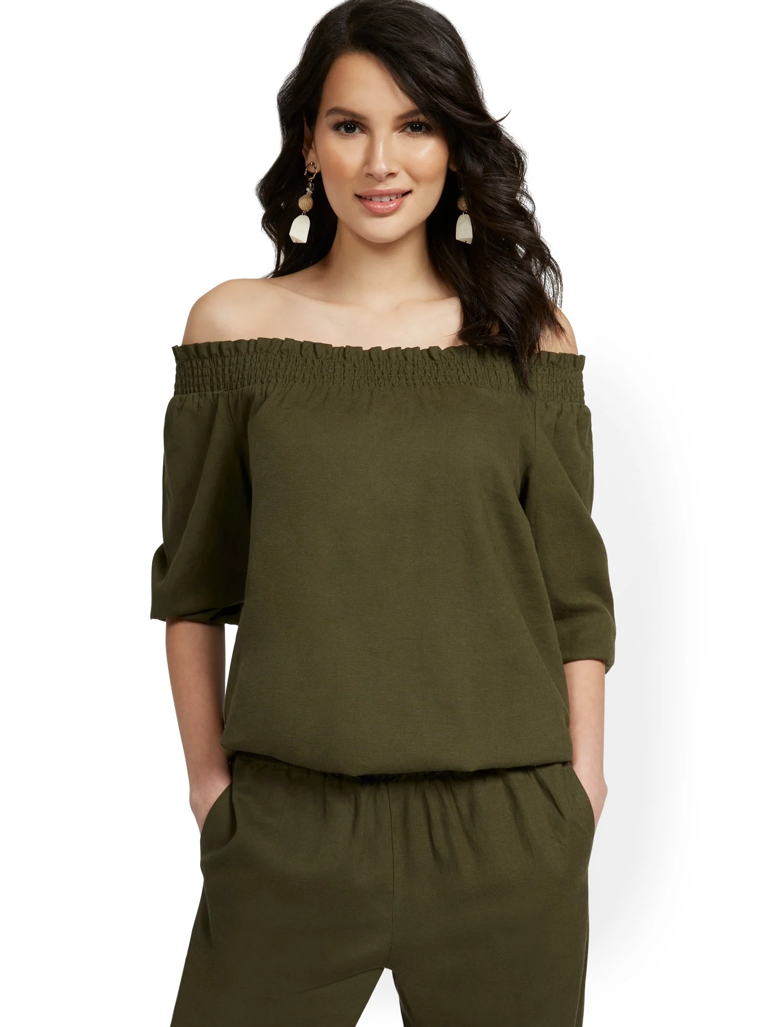 Linen-Blend Off-The-Shoulder Smocked Top - Image 6