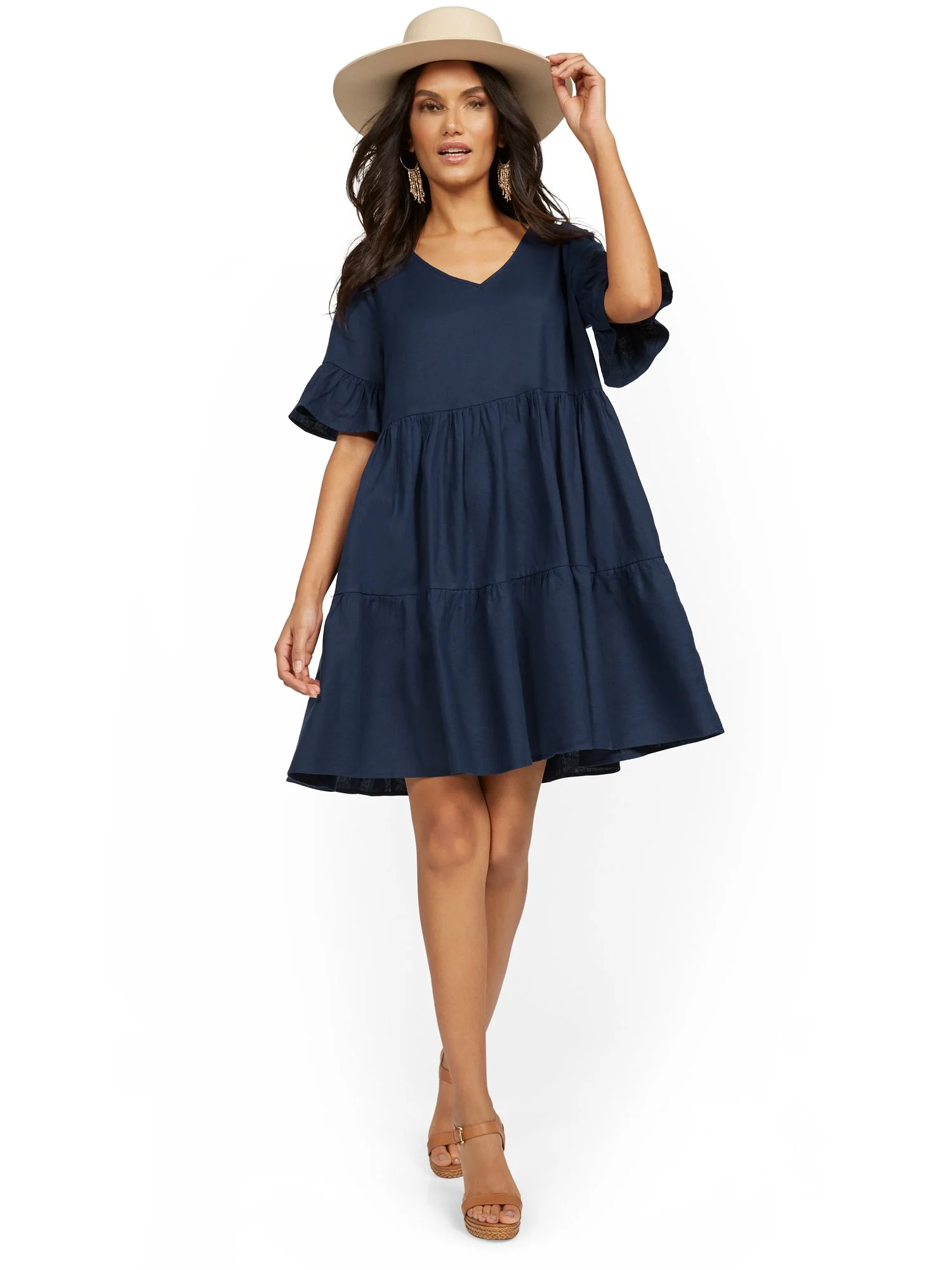 Linen-Blend Ruffle-Sleeve V-Neck Dress - Image 5