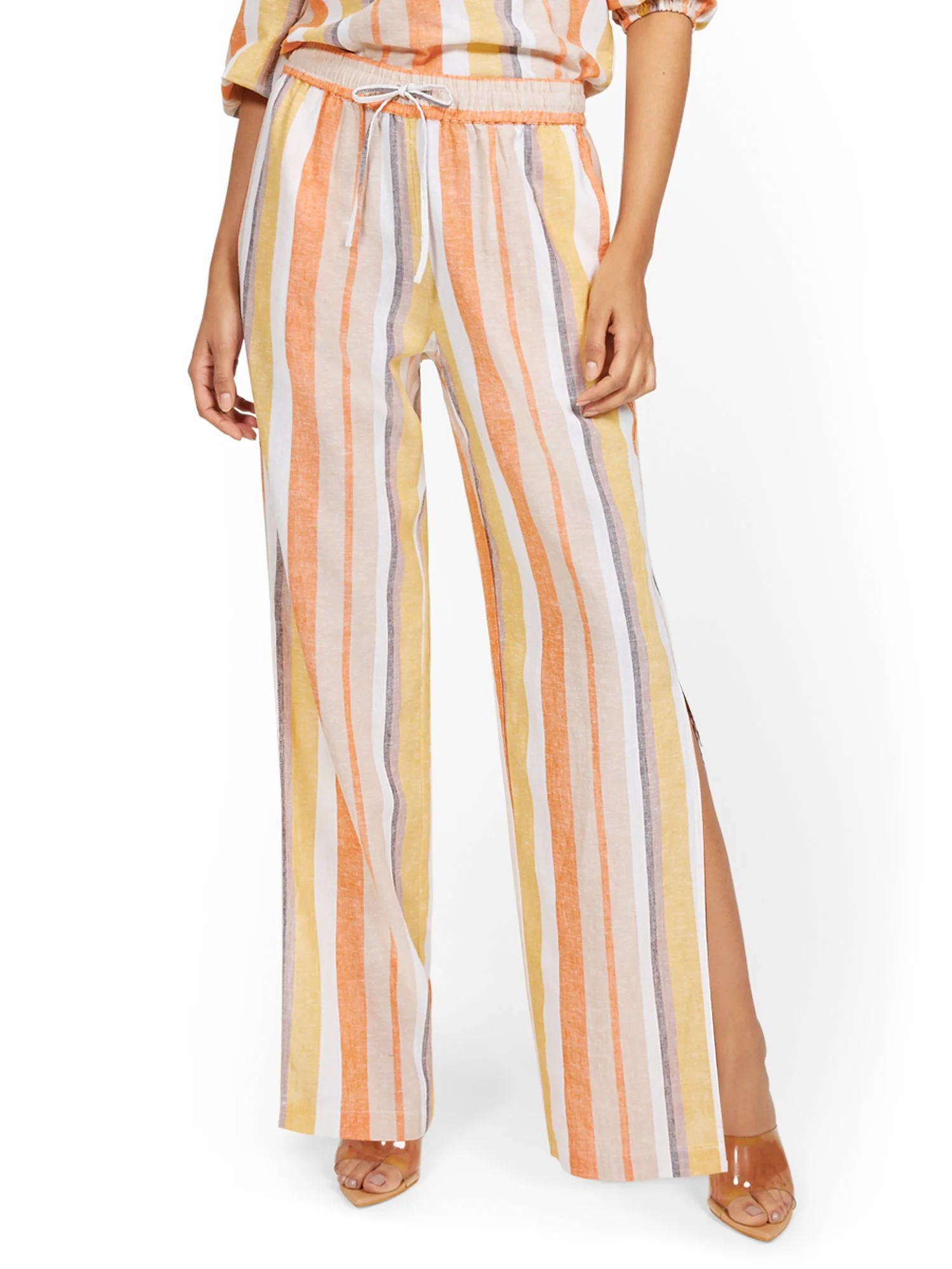 Linen-Blend Striped High-Waisted Slit-Hem Wide-Leg Pant