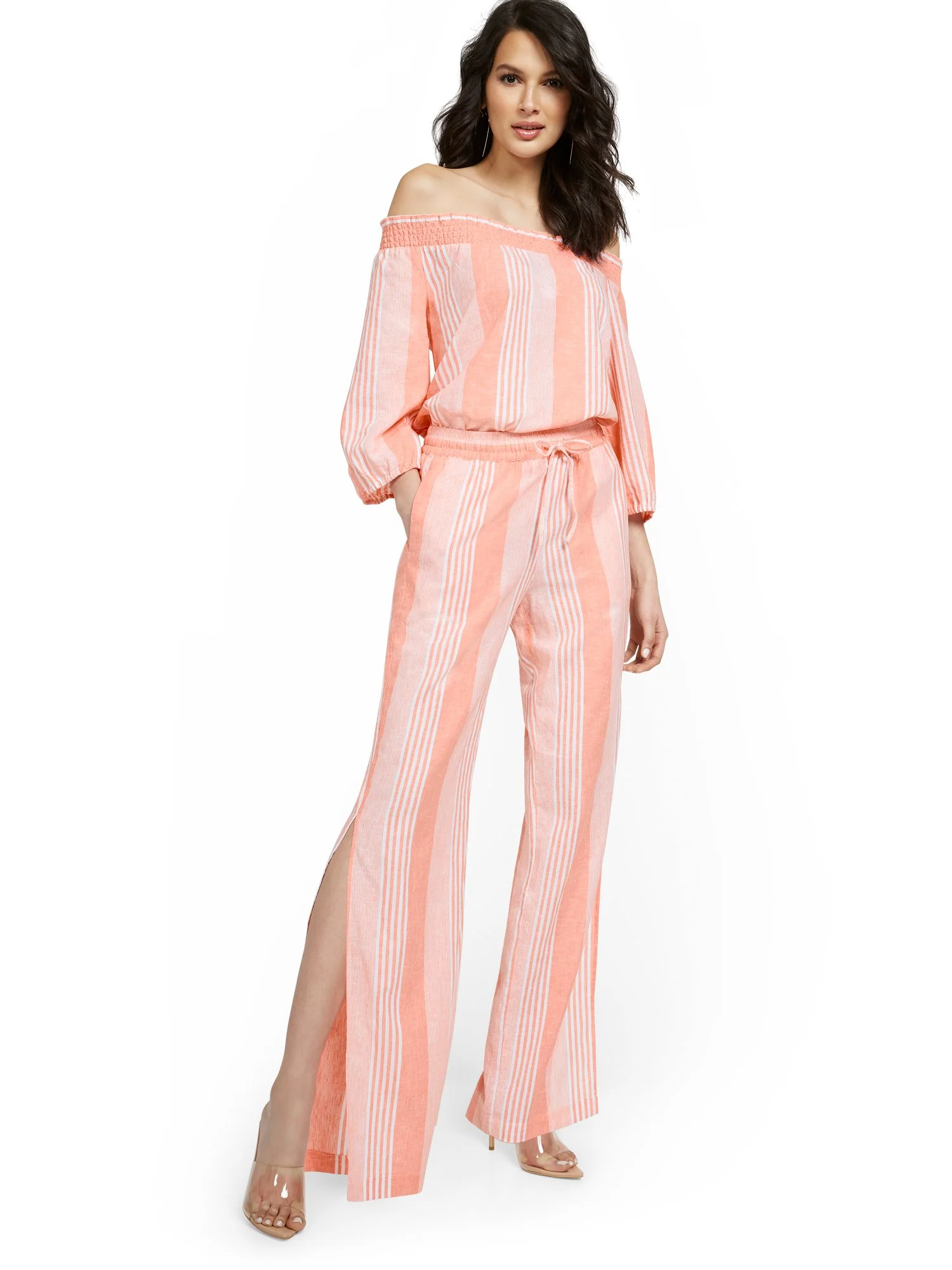 Linen-Blend Striped High-Waisted Slit-Hem Wide-Leg Pant - Image 4