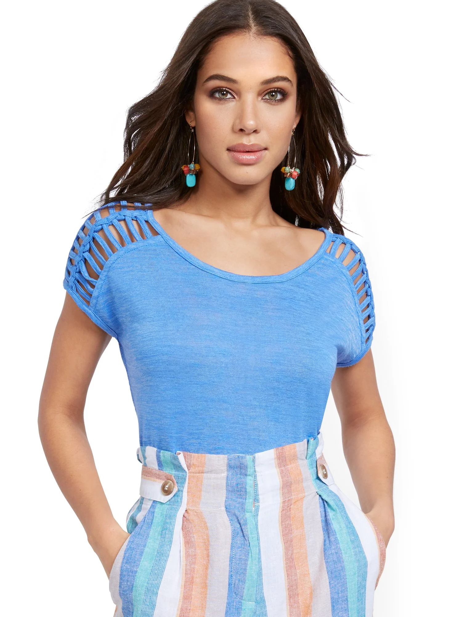 Linen-Like Lattice-Sleeve Top - Image 11