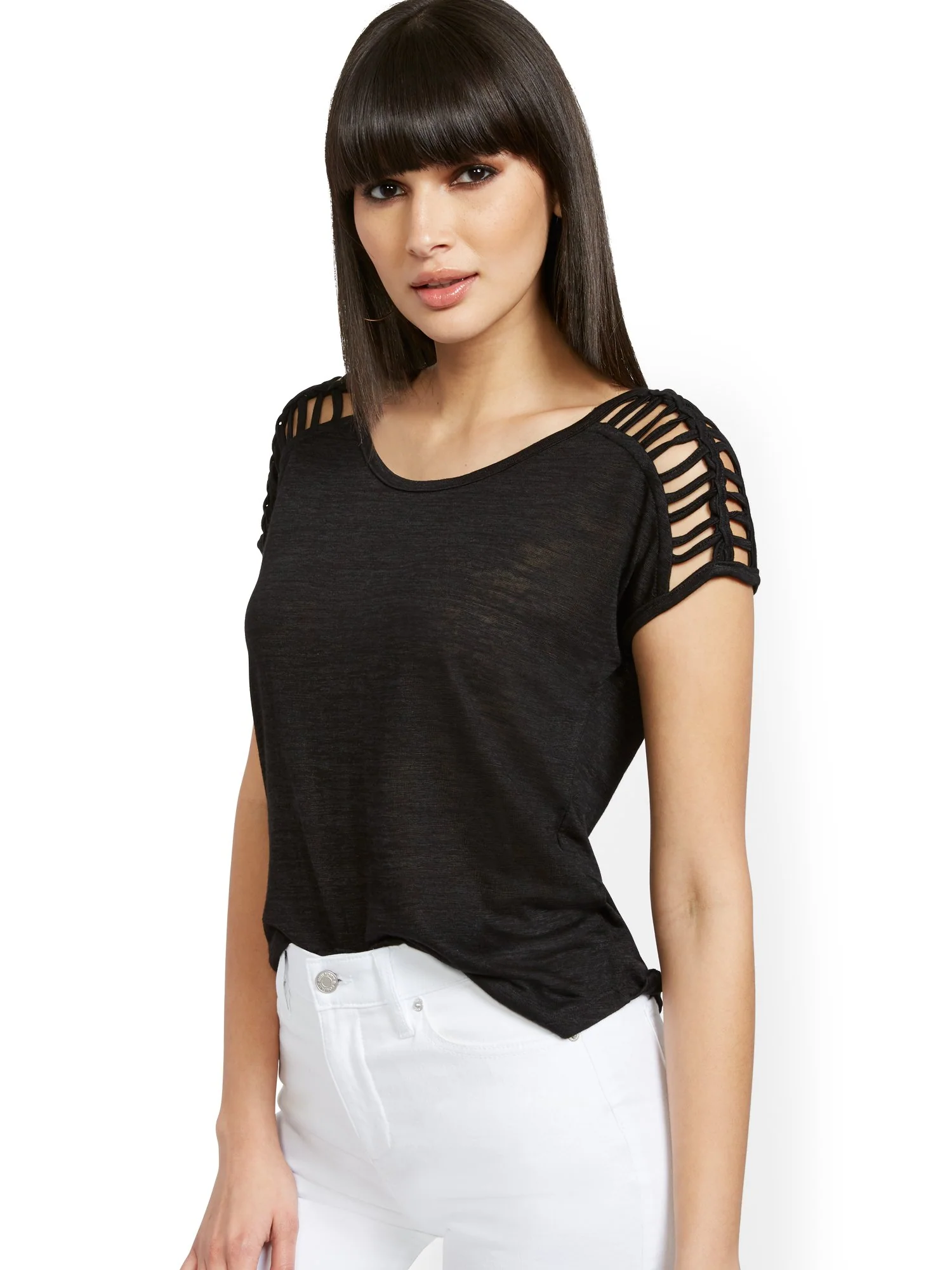 Linen-Like Lattice-Sleeve Top - Image 2