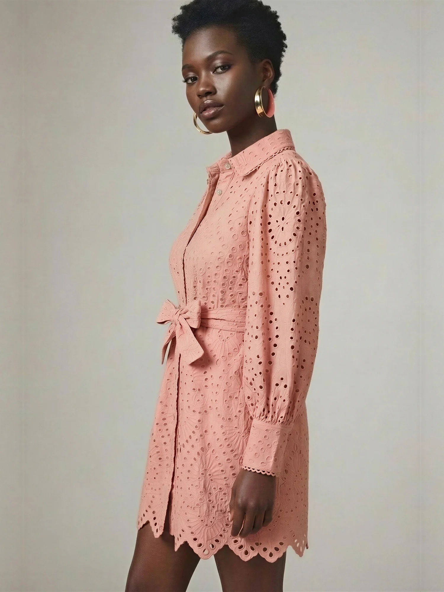 Long Sleeve Button Down Collar Eyelet Lace Fit A-Line Dress - Image 3