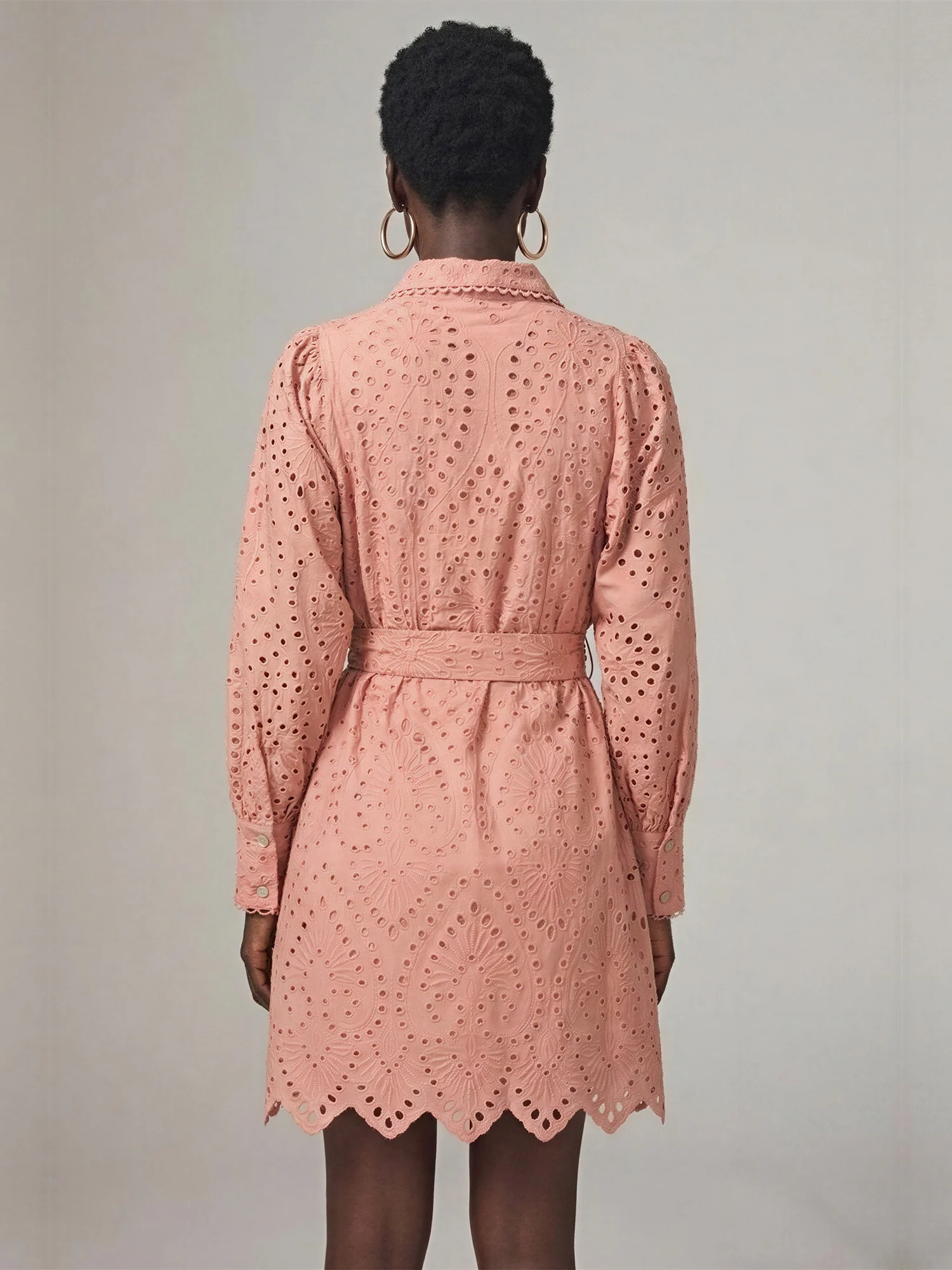Long Sleeve Button Down Collar Eyelet Lace Fit A-Line Dress - Image 4