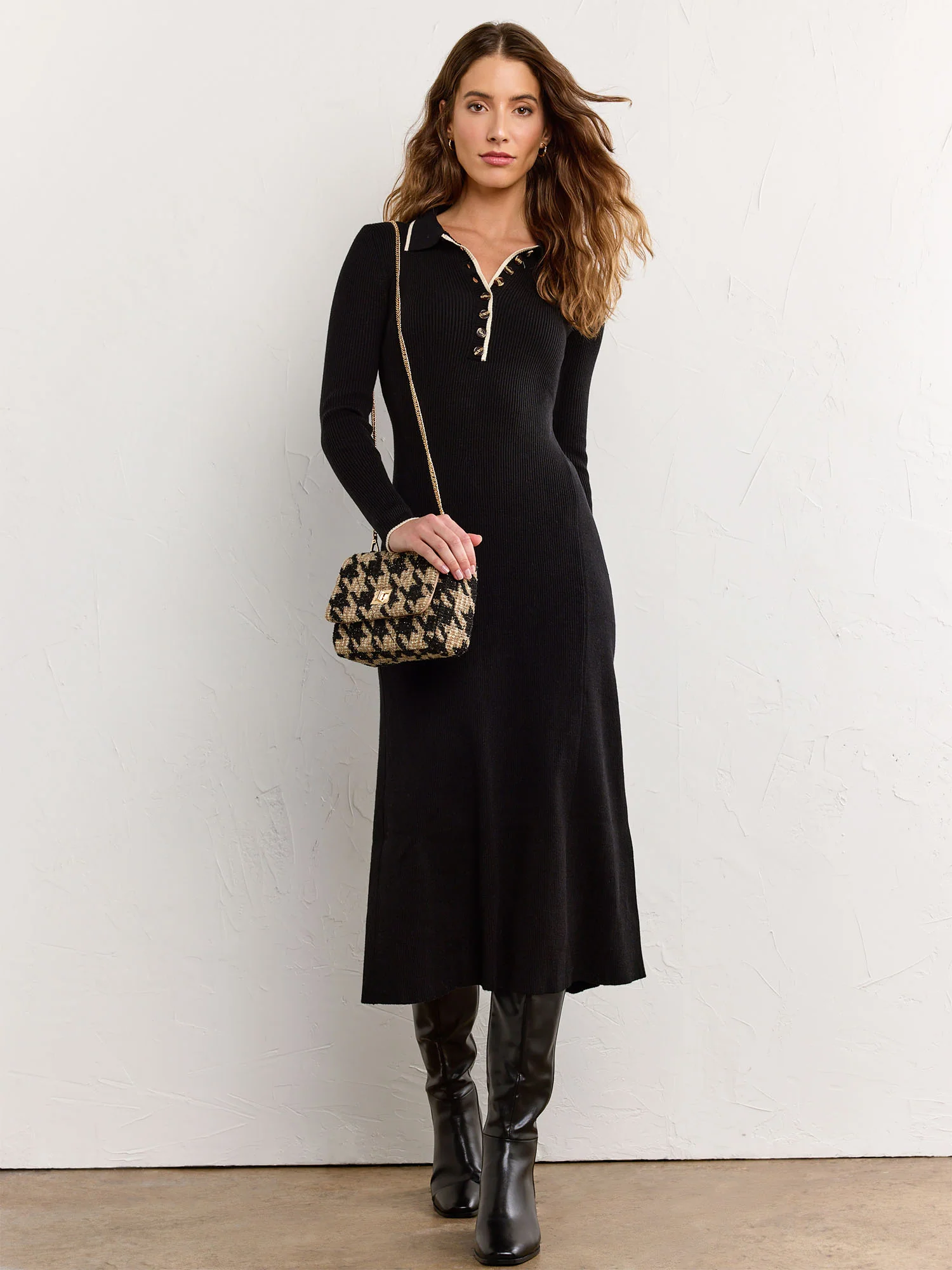 Long-Sleeve Collared Rib Knit Dress - Aaron & Amber - Image 3