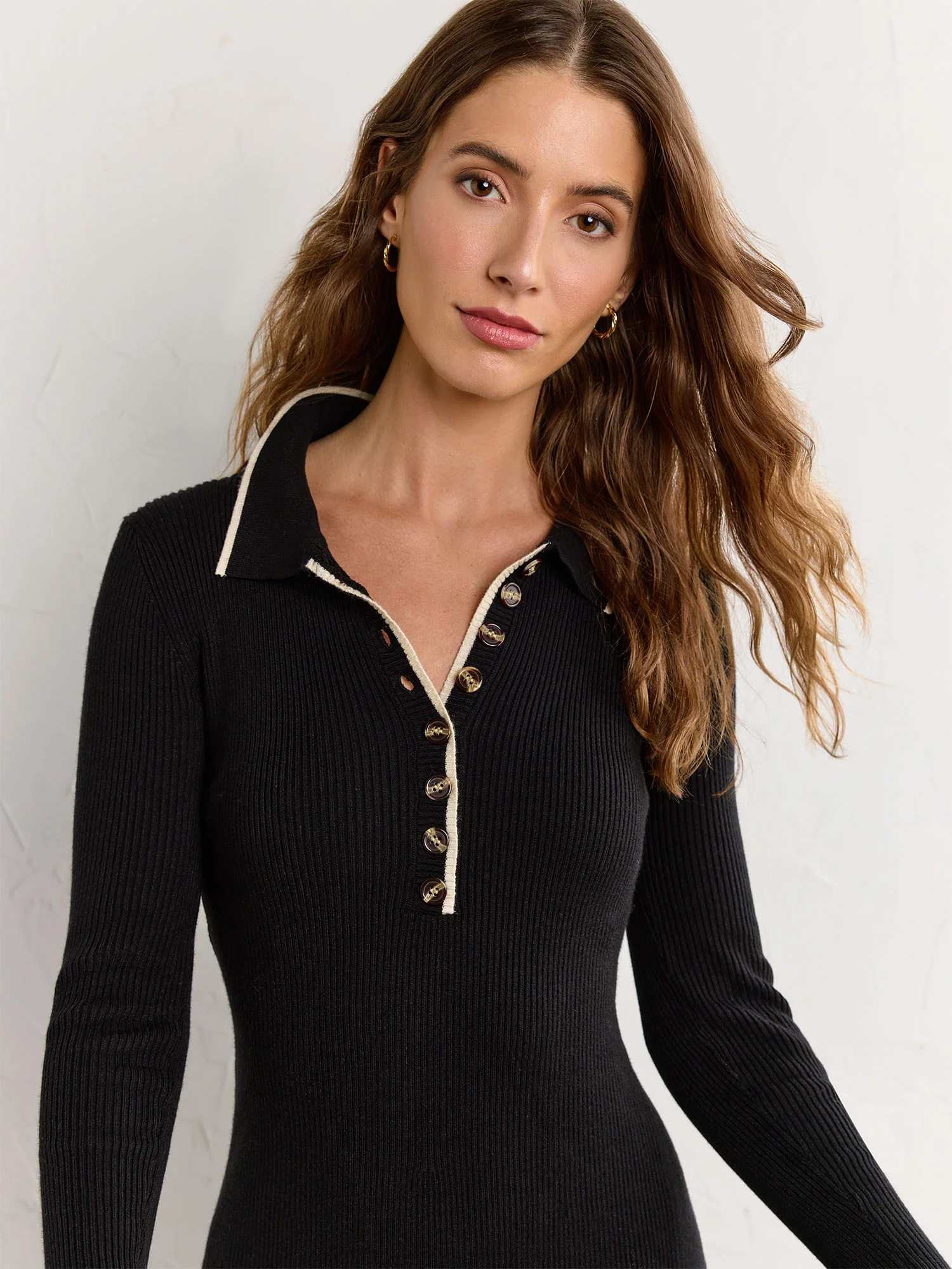 Long-Sleeve Collared Rib Knit Dress - Aaron & Amber - Image 4