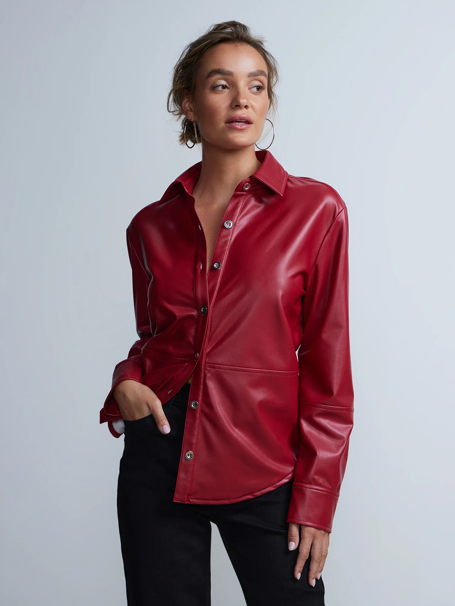Vegan Leather Seam Detail Shirt - Image 4