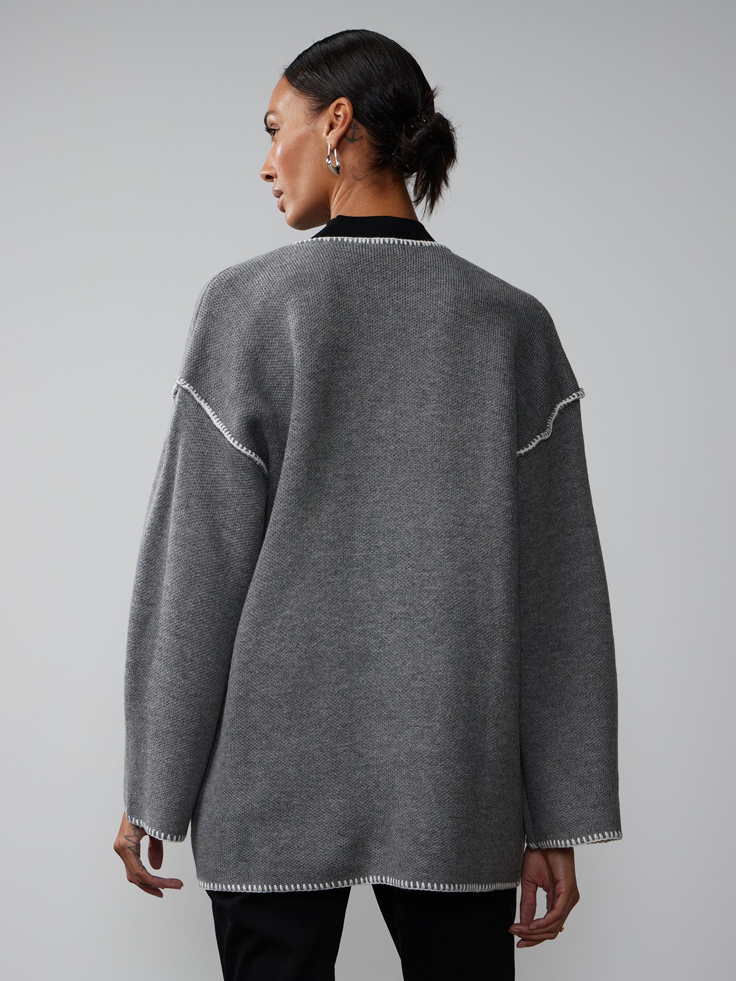 Long Sleeve Contrast Stitch Cardigan - Image 3